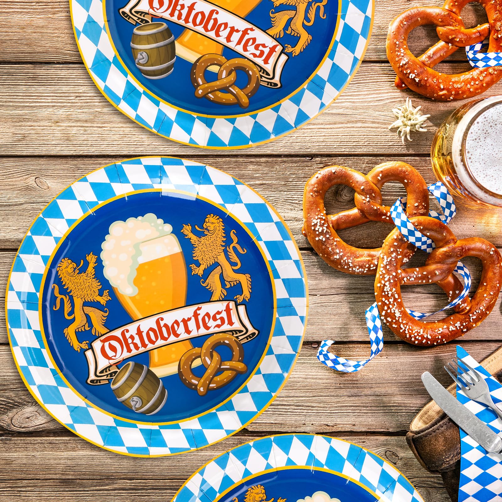 40Pcs Oktoberfest Themed Disposable Paper Plates - 9 Inch German Beer Festival Dinnerware with Bavarian Blue White Argyle & Lion Prints - Perfect for Munich Oktoberfest Parties, BBQs, and Themed Events