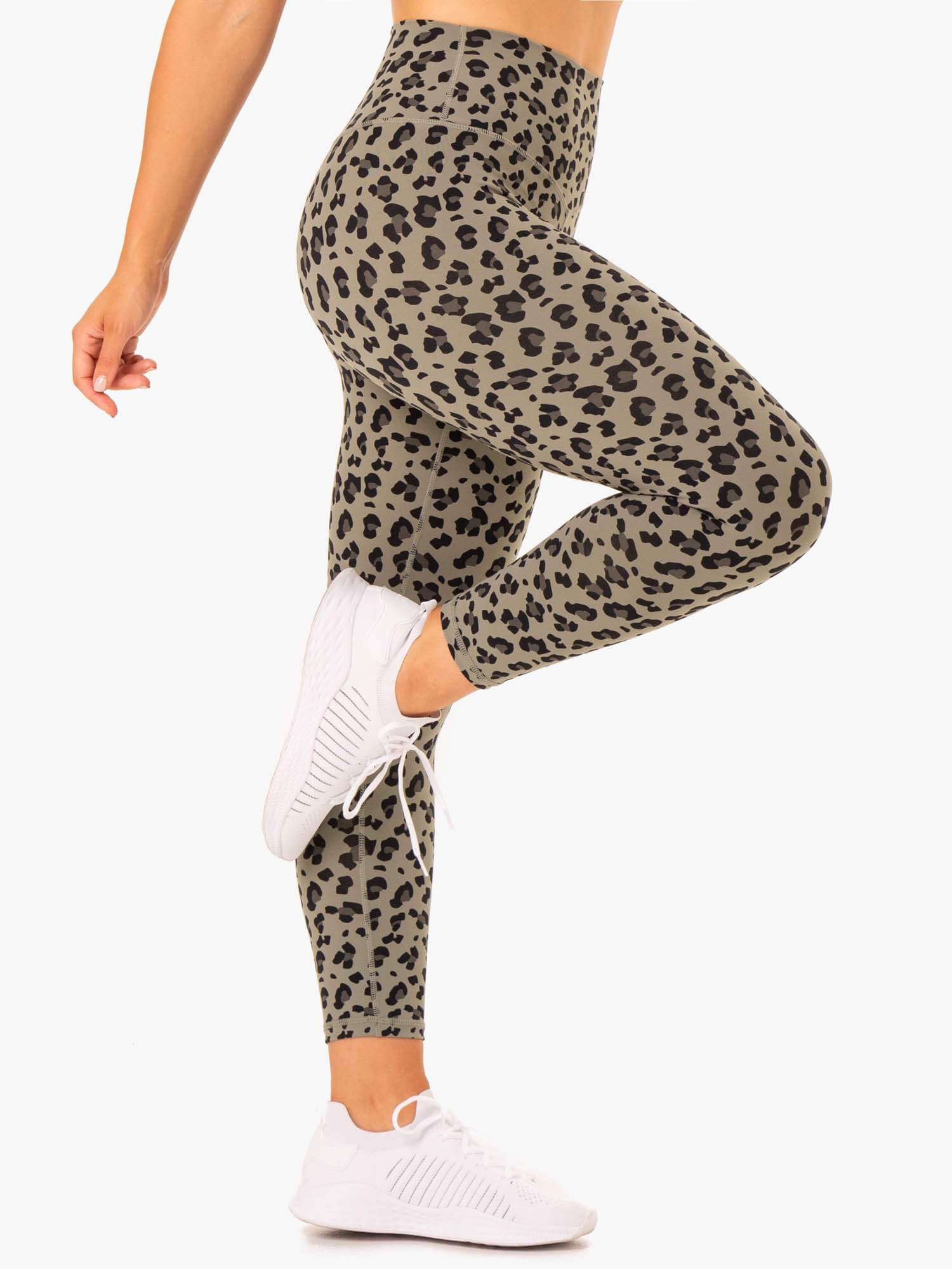 Hybrid Full Length Leggings - Khaki Leopard Print Yoga Pants for Women | High Waisted Workout Leggings for Running, Gym & Lounge