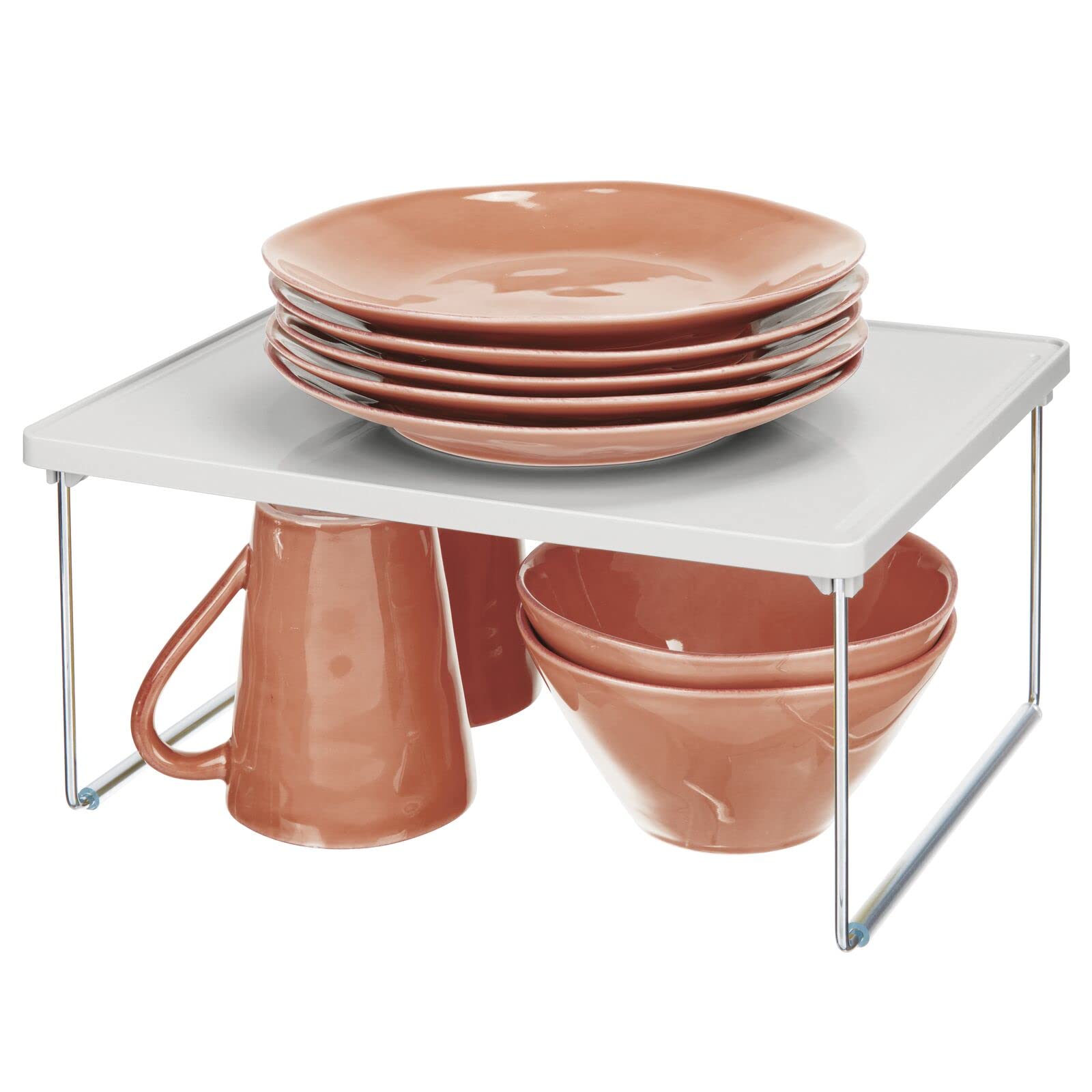mDesign Metal Stacking Shelf Organizer for Kitchen Cabinets, Pantry, Fridge & Freezer - Space Saving Storage for Food, Dishes, Plates, Bowls & Mugs - Ligne Collection in Stone Gray - Perfect for Small Space Organization & Clutter-Free Kitchen Storage