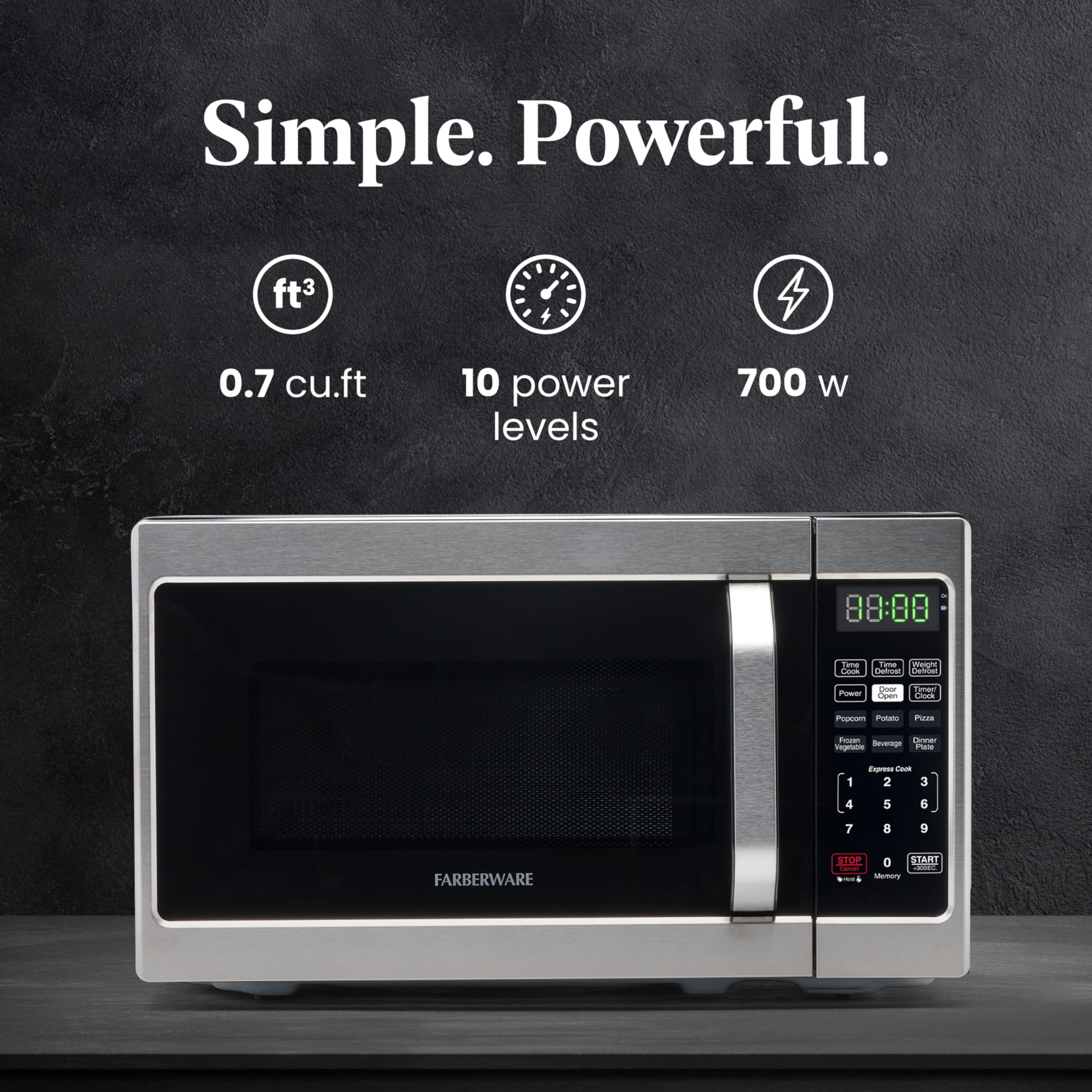 Farberware 0.7 Cu. Ft. 700W Countertop Microwave Oven with LED Lighting & Child Safety Lock - Stainless Steel Interior for Easy Cleaning - Compact Microwave Perfect for Small Kitchens, Apartments, Dorms & Office Break Rooms