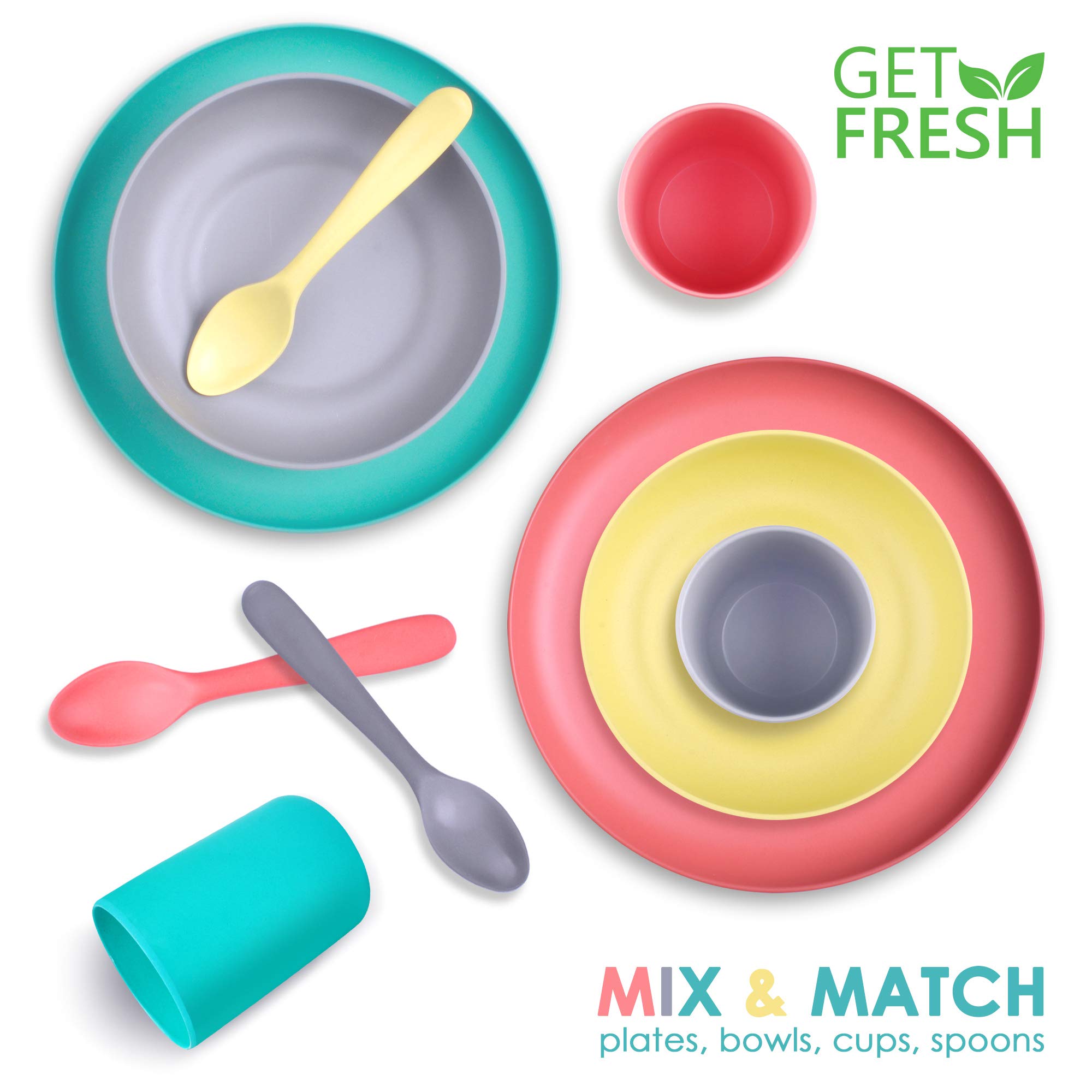 GET FRESH 4-Pack Bamboo Kids Plates Set - Eco-Friendly Reusable Bamboo Dinner Plates for Toddlers & Children - Colorful Bamboo Fiber Dinnerware Set - Durable & Safe Kids Tableware for Daily Meals, School Lunches & Picnics
