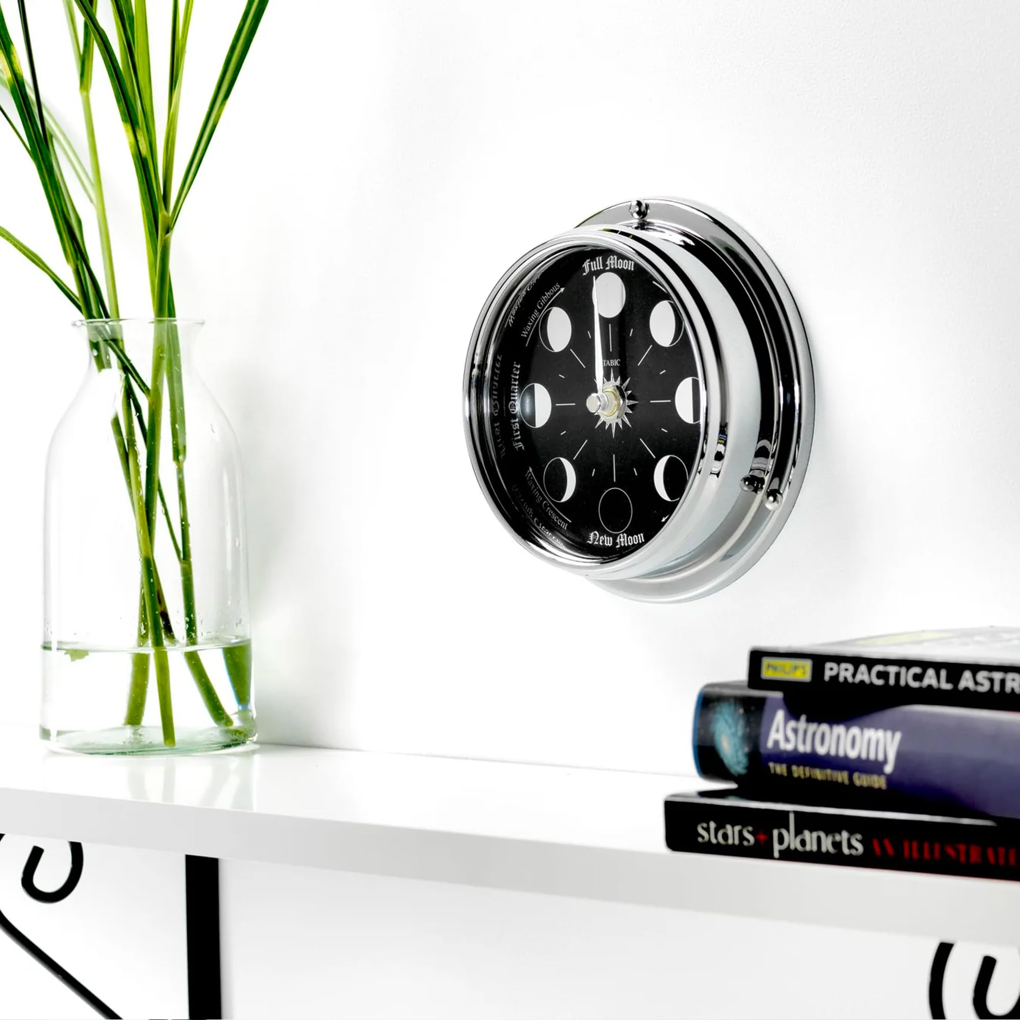 Handmade Chrome Moon Phase Wall Clock - Elegant Full Moon Design with Jet Black Dial, Mirror Backdrop & Chrome Hands - Perfect for Home, Office Decor & Unique Gifts