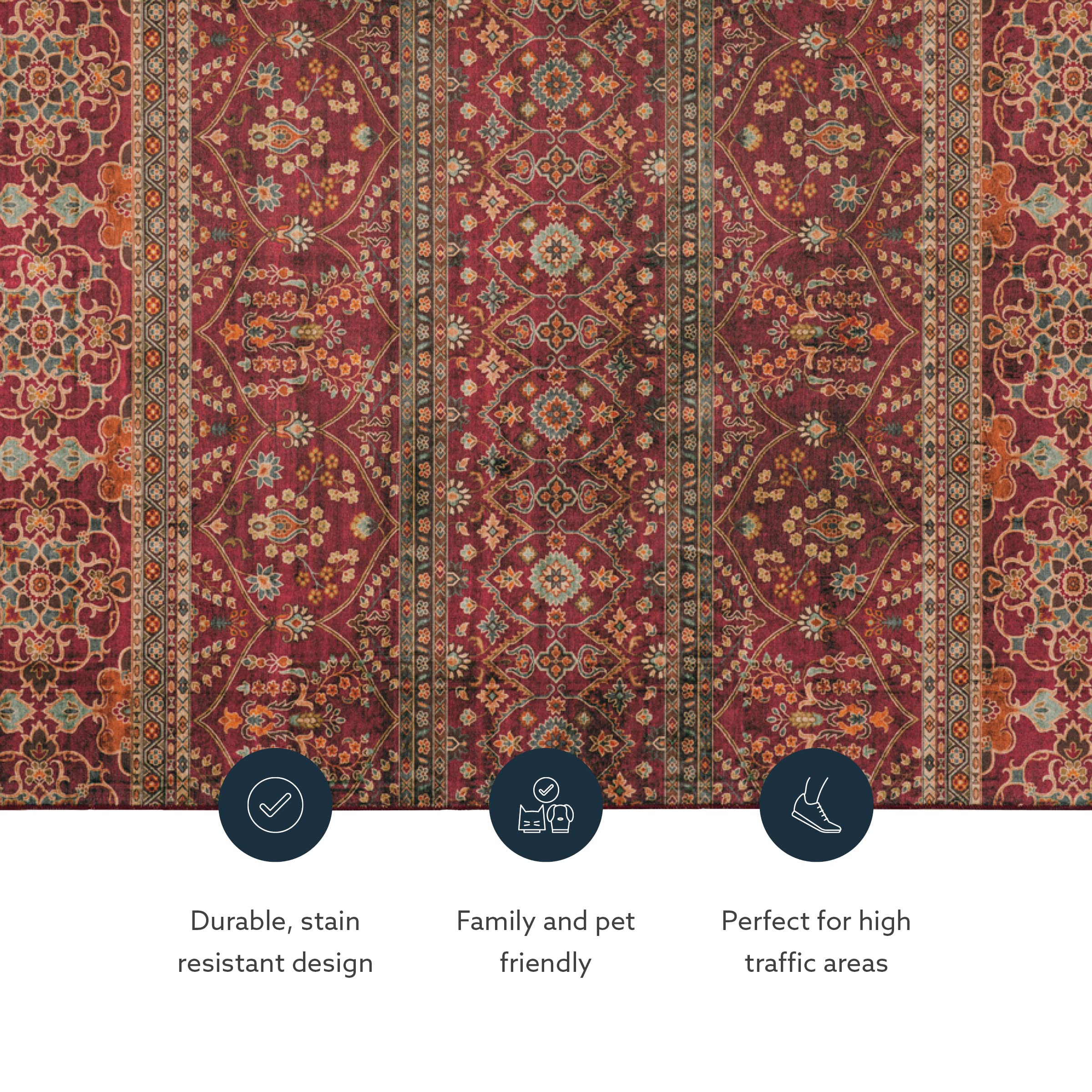 Linon Home Decor Washable Area Rug 5' x 7' - Yarit Garnet & Ivory - Soft Non-Slip Indoor Outdoor Rug for Living Room, Bedroom, Patio