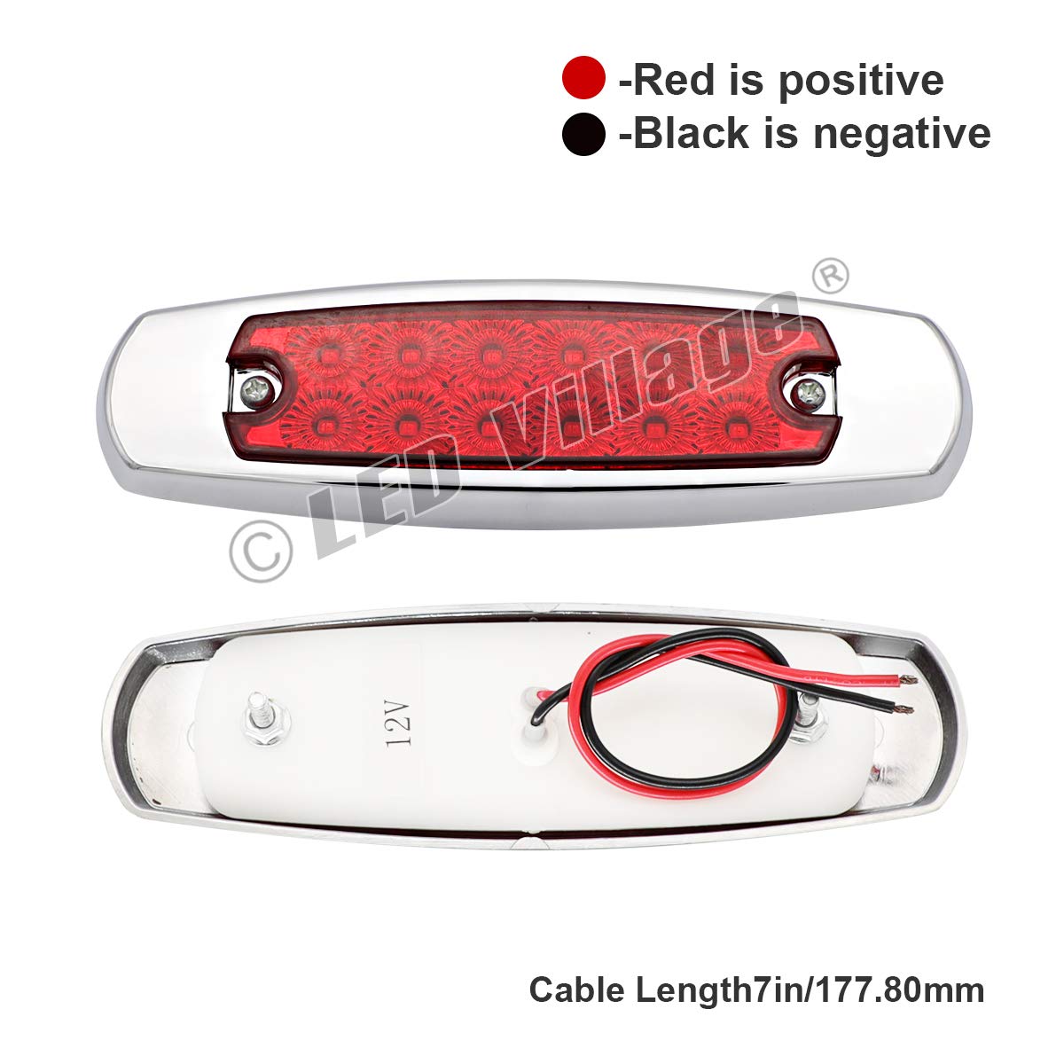 12V DC 6.4 Inch Slim Red LED Side Marker Lights - Waterproof Flush Mount Clearance Lamps for Trucks, Trailers, Lorries, Towing Vehicles [Pack of 5] - Durable Chrome Button Design for Safe Night Driving & Road Visibility