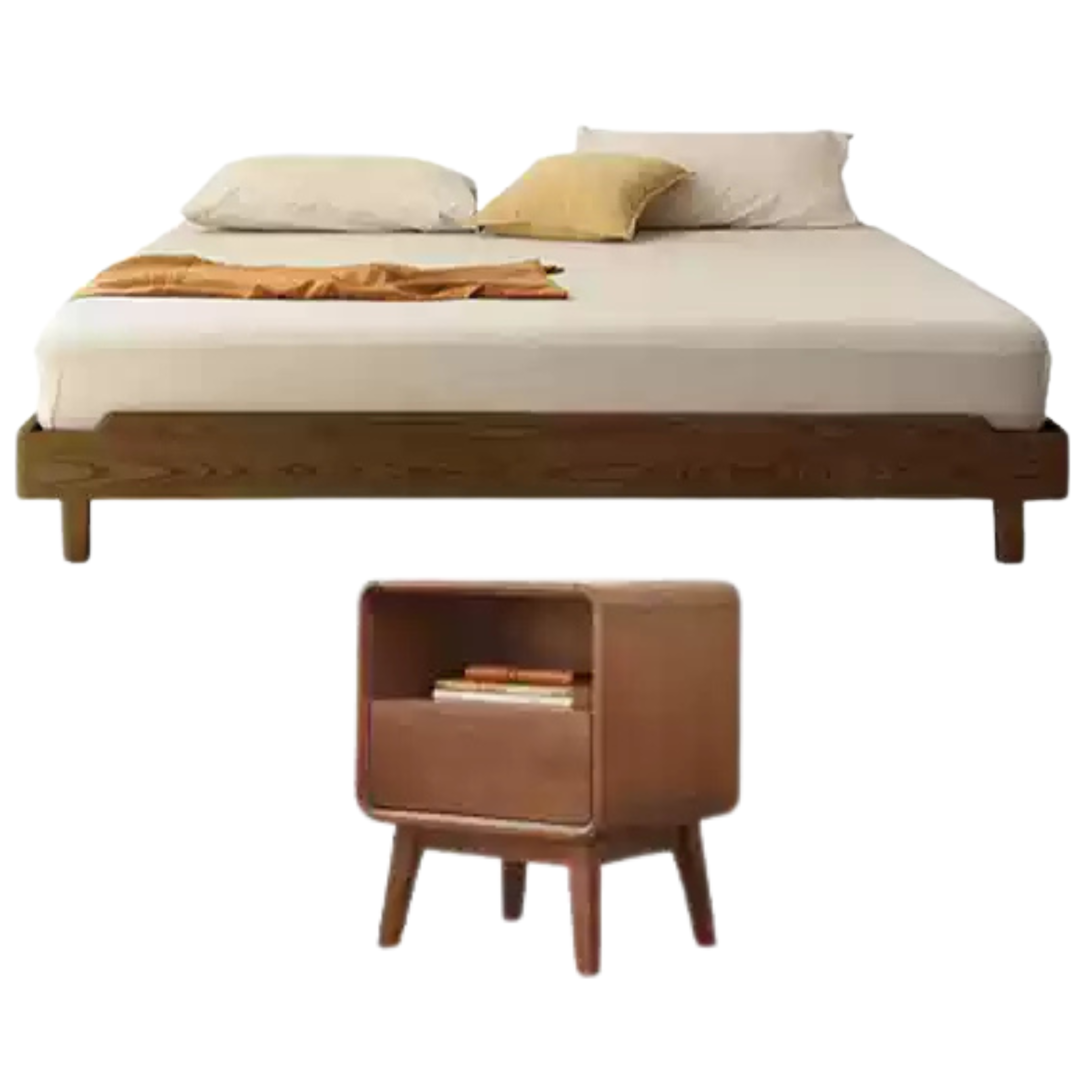 Walnut Color Ash bed Low bed for thick mattress + bedside table 2pcs