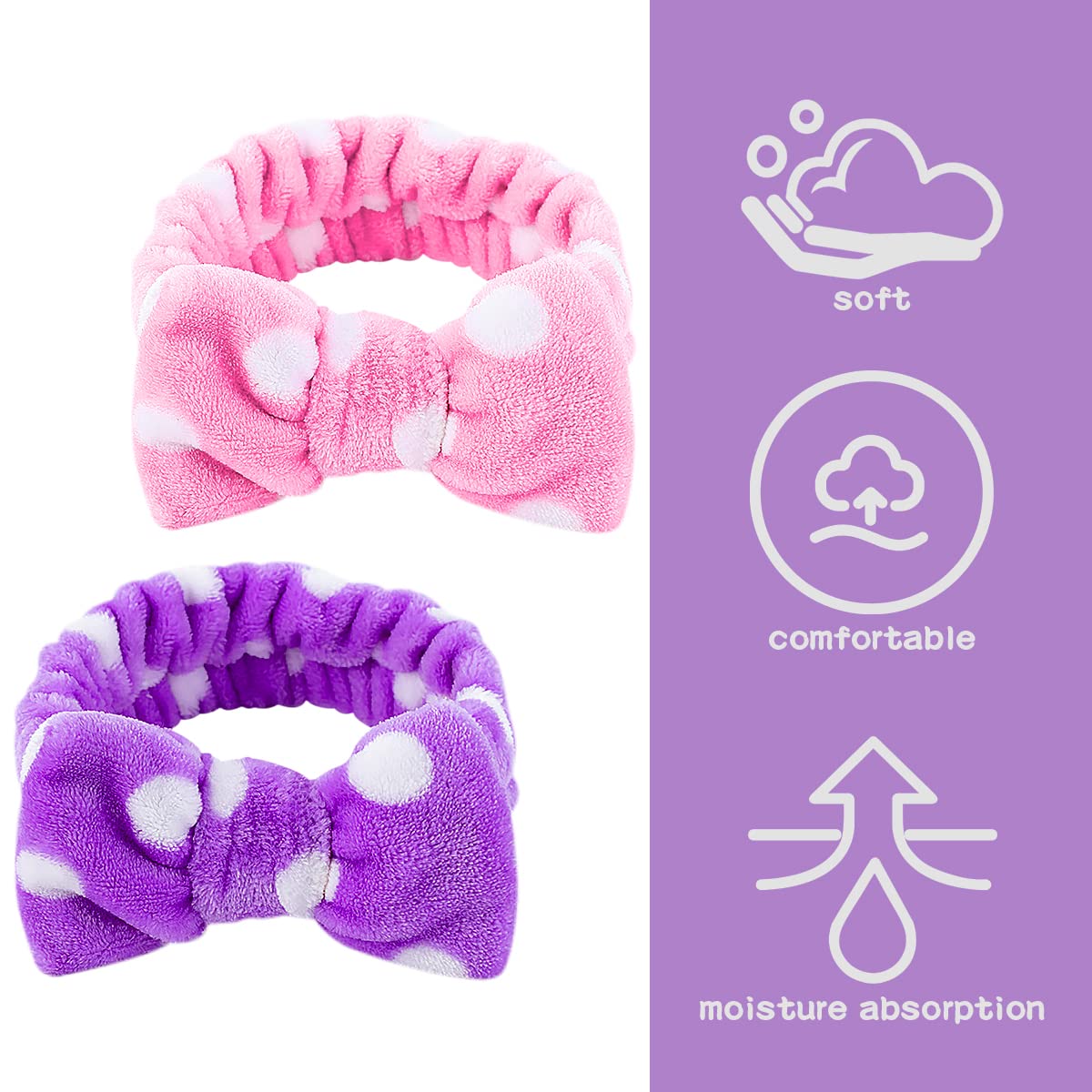 Jagowa 2 Pack Spa Headbands for Women - Soft Bowknot Hair Bands & Makeup Head Wrap for Shower, Washing Face, Skincare & Salon Use (Pink & Purple)