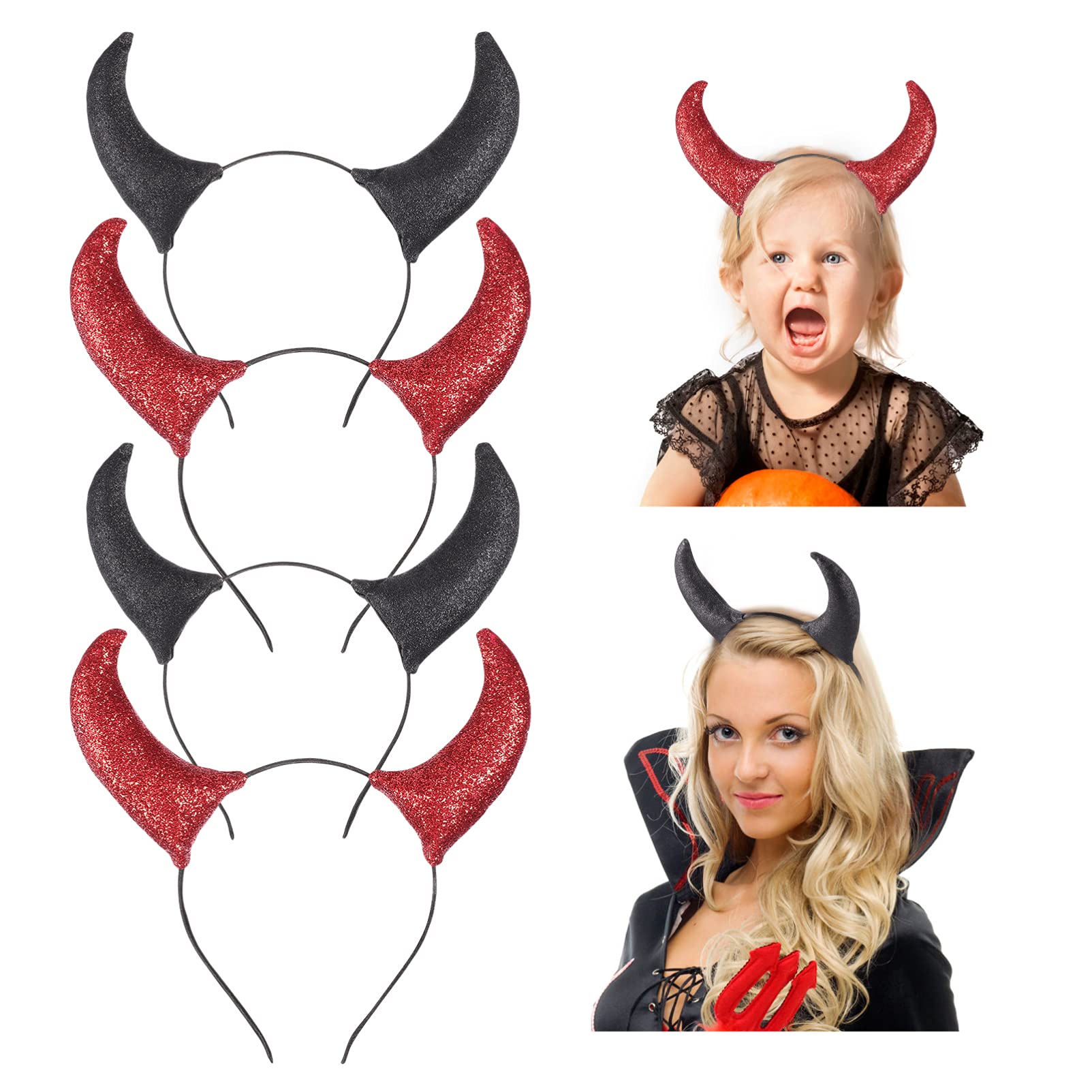 FRCOLOR 4 Pack Glitter Devil Horns Headbands - Halloween Party Costume Accessories, Cosplay Hairbands for Women & Men (Black, Red) - Perfect for Halloween Parties, Cosplay Events, and Themed Dress-Up Nights