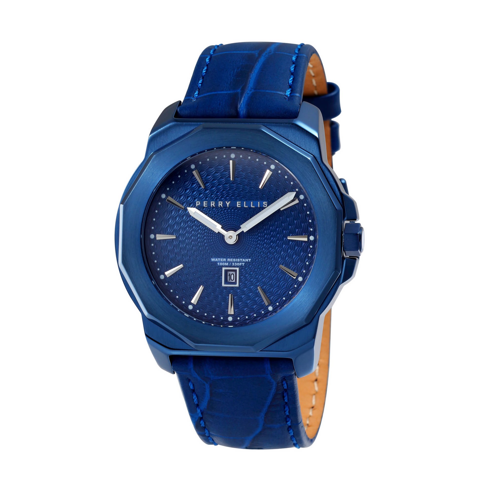 Perry Ellis Men's Decagon Quartz Watch with Luminous Hands, Date Display & Genuine Leather Band - Waterproof Dress Watch for Business, Casual & Outdoor Activities