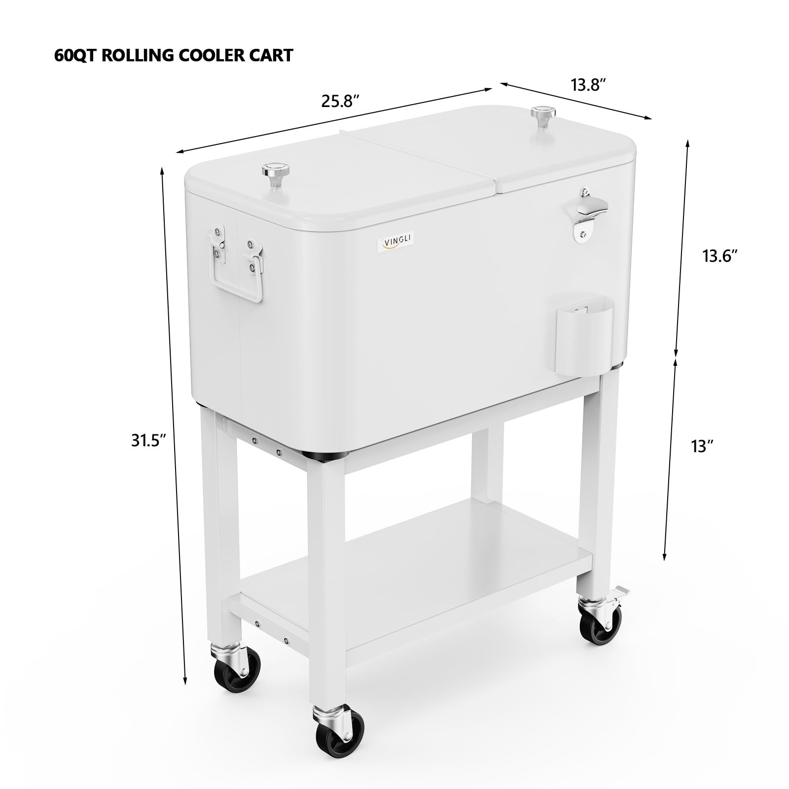VINGLI Rolling Patio Cooler with Wheels - Portable Ice Chest for Outdoor Parties, Beach, Camping & BBQs - Includes Shelf, Beverage Pool & Bottle Opener - Perfect for Backyard Gatherings, Tailgating & Poolside Drinks