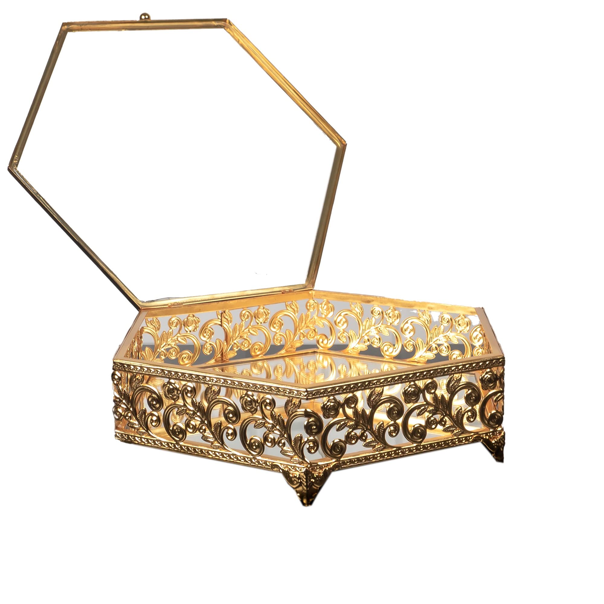 Handmade Hexagon Metal Jewelry Box with Lid - Vintage Gold Keepsake Display Case for Home Décor, Storage & Gift Giving - Medium Size for Rings, Necklaces & Small Treasures