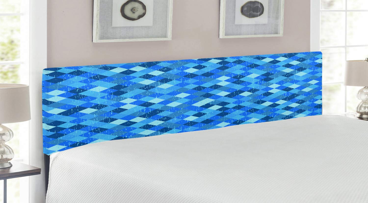 Ambesonne Blue Upholstered King Size Headboard - Abstract Geometric Hexagon & Square Ombre Art Design with Memory Foam - Turquoise & Dark Blue Metal Bed Headboard for Modern Bedroom Decor | Perfect for Master Bedrooms, Guest Rooms & Luxury Hotel Styling