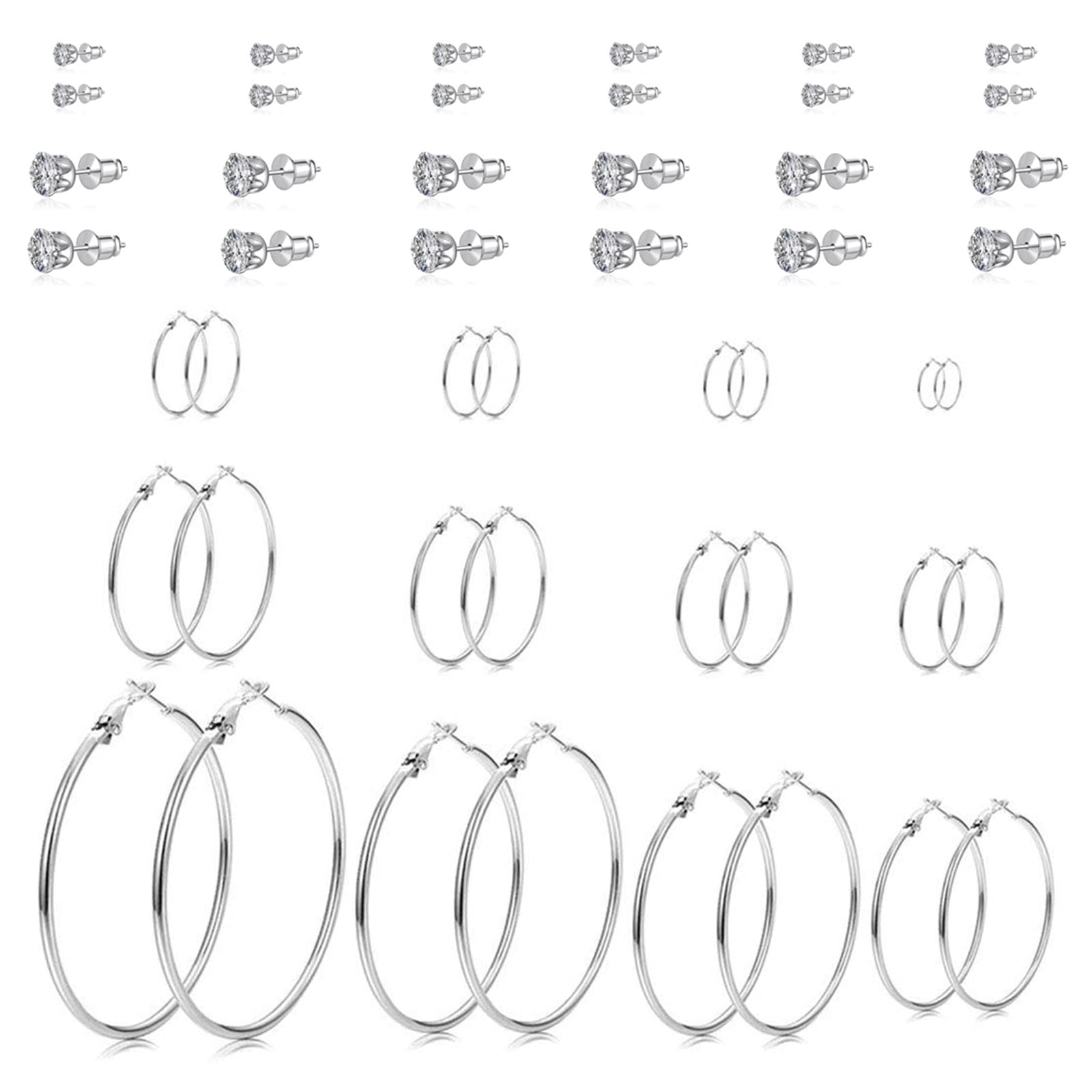 Spiritlele 24 Pairs Silver Hoop Earrings for Women - Lightweight Cubic Zirconia Stud & Dangle Earring Multipack Set | Perfect for Everyday Wear, Parties & Gifts
