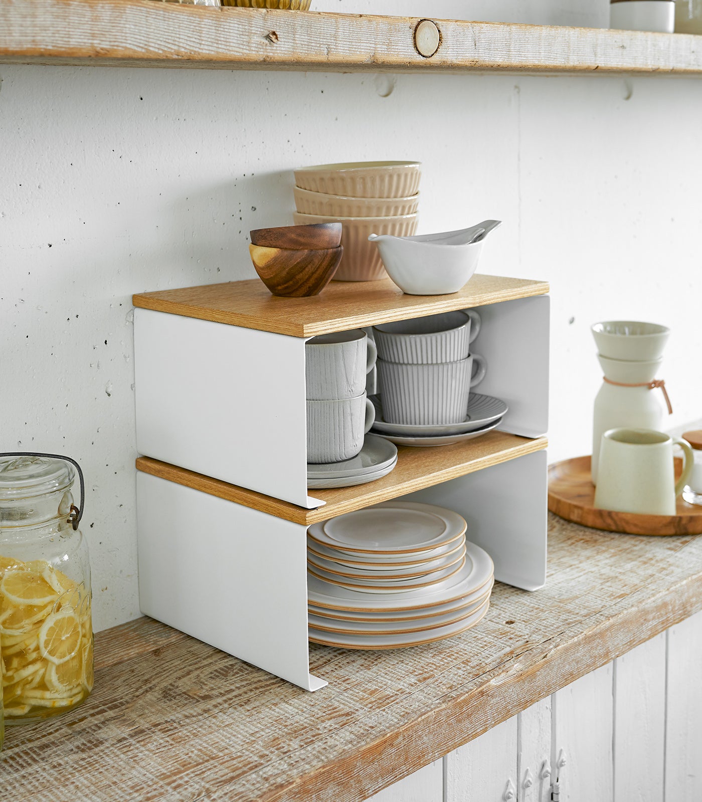 Stackable Countertop Shelf Organizer - 2 Sizes (Steel & Wood) for Kitchen, Bathroom & Office Storage