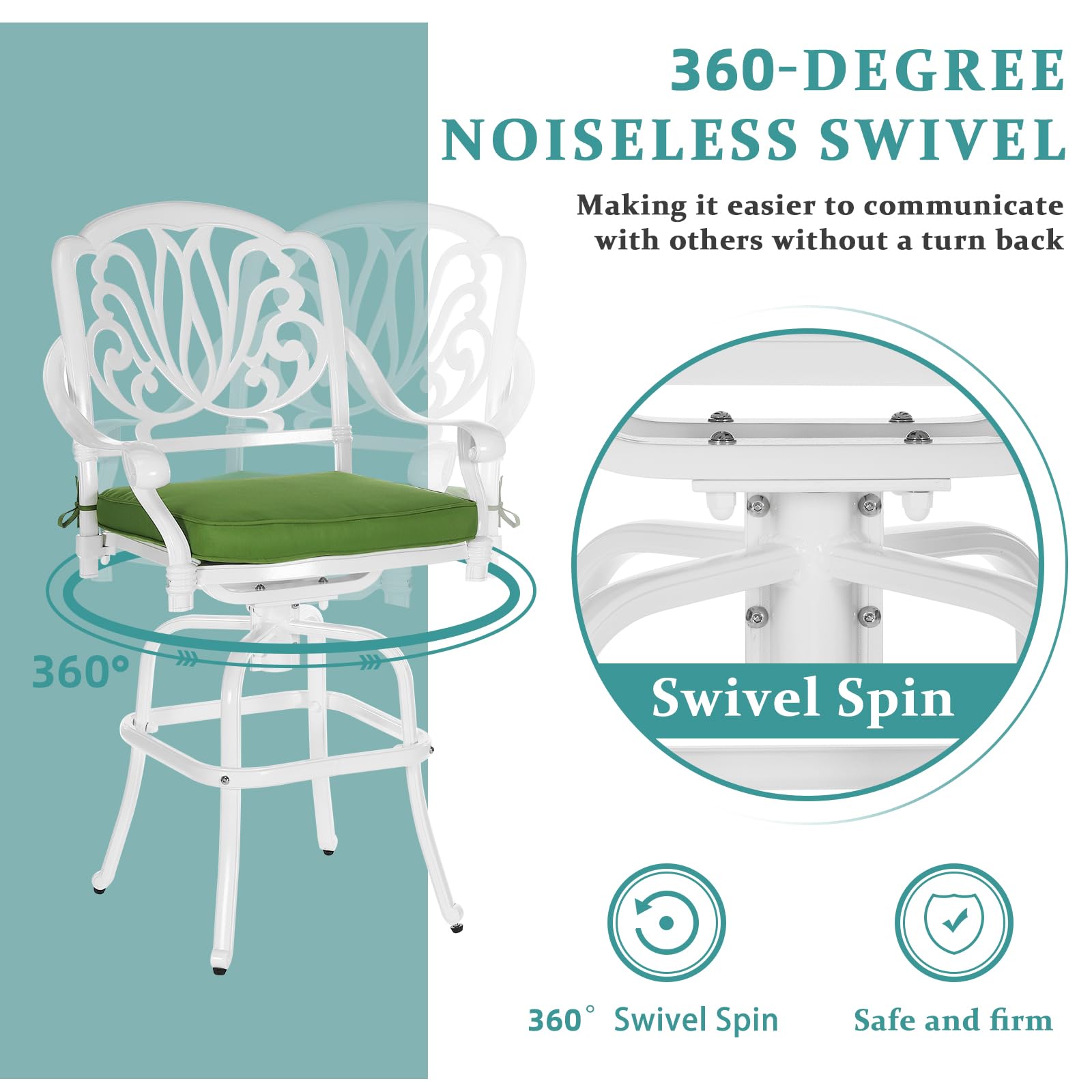 MEETWARM 2-Piece Outdoor Patio Swivel Bar Stools Set - All-Weather Cast Aluminum Bar Height Chairs with Cushions - White Bistro Dining Furniture for Garden, Deck, Backyard & Poolside Relaxation