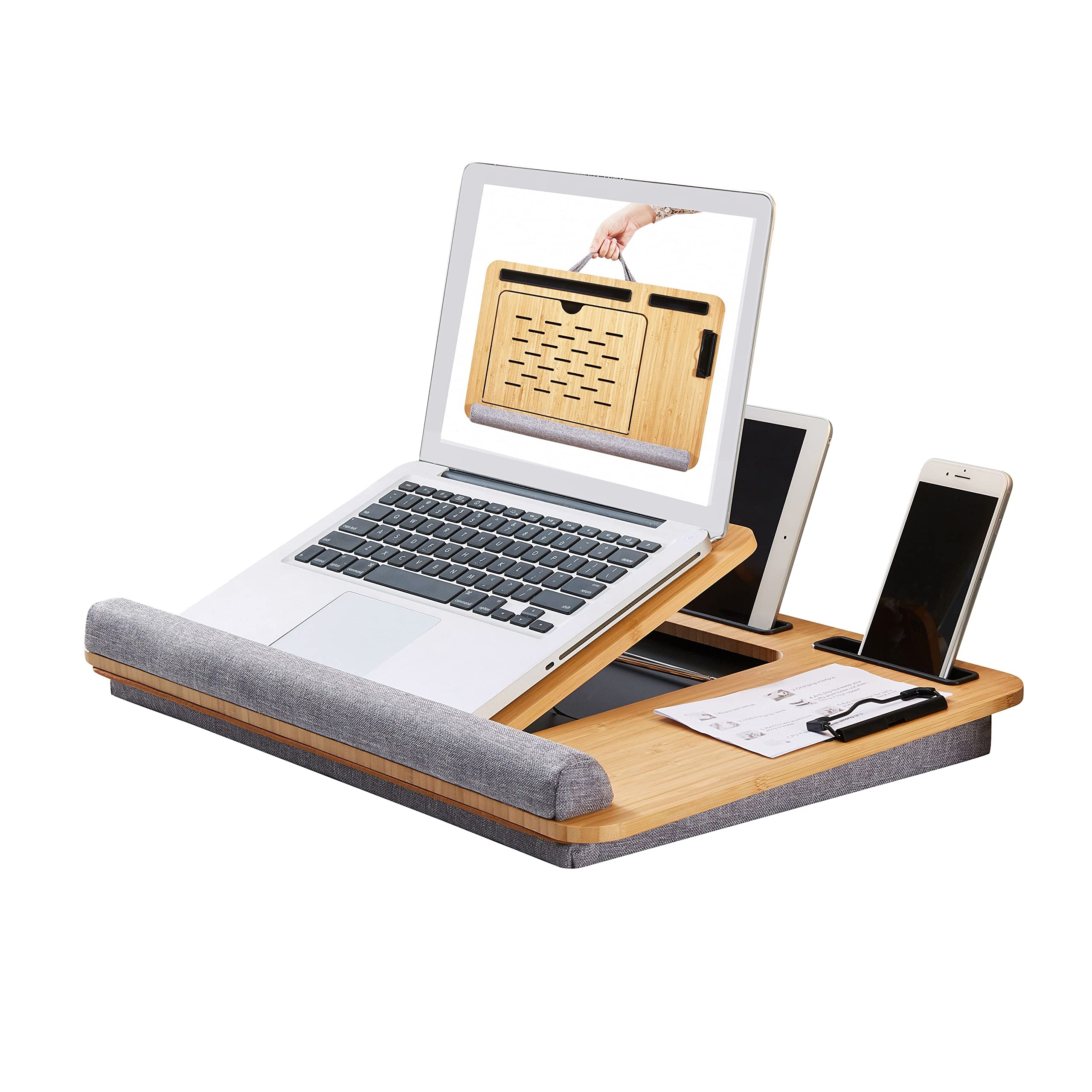 Adjustable Bamboo Laptop Lap Desk with Cushion & Wrist Pad - Portable Bed Tray Stand for Laptop, Notebook, Tablet - Features Clip & Media Slots (Natural Bamboo/Grey) - Perfect for Working in Bed, Couch, or Traveling