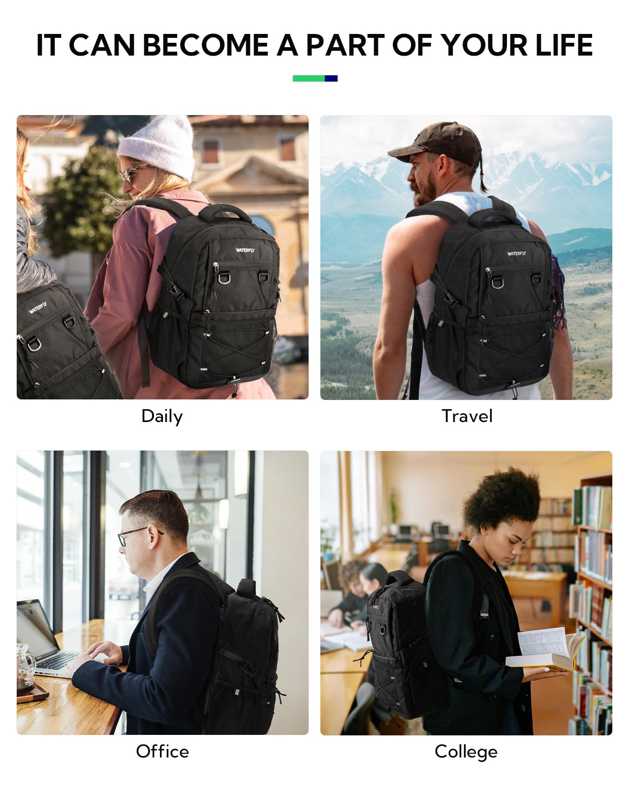 **WATERFLY 22L Lightweight Travel Backpack for Hiking, Commuting & College - Durable Daypack with Multiple Compartments for Men & Women - Perfect for Outdoor Adventures, Airplane Carry-On & Everyday Use - Black**    *(Use Cases: Ideal for travel, hiking, work, school, gym, weekend trips, and daily commutes.)*