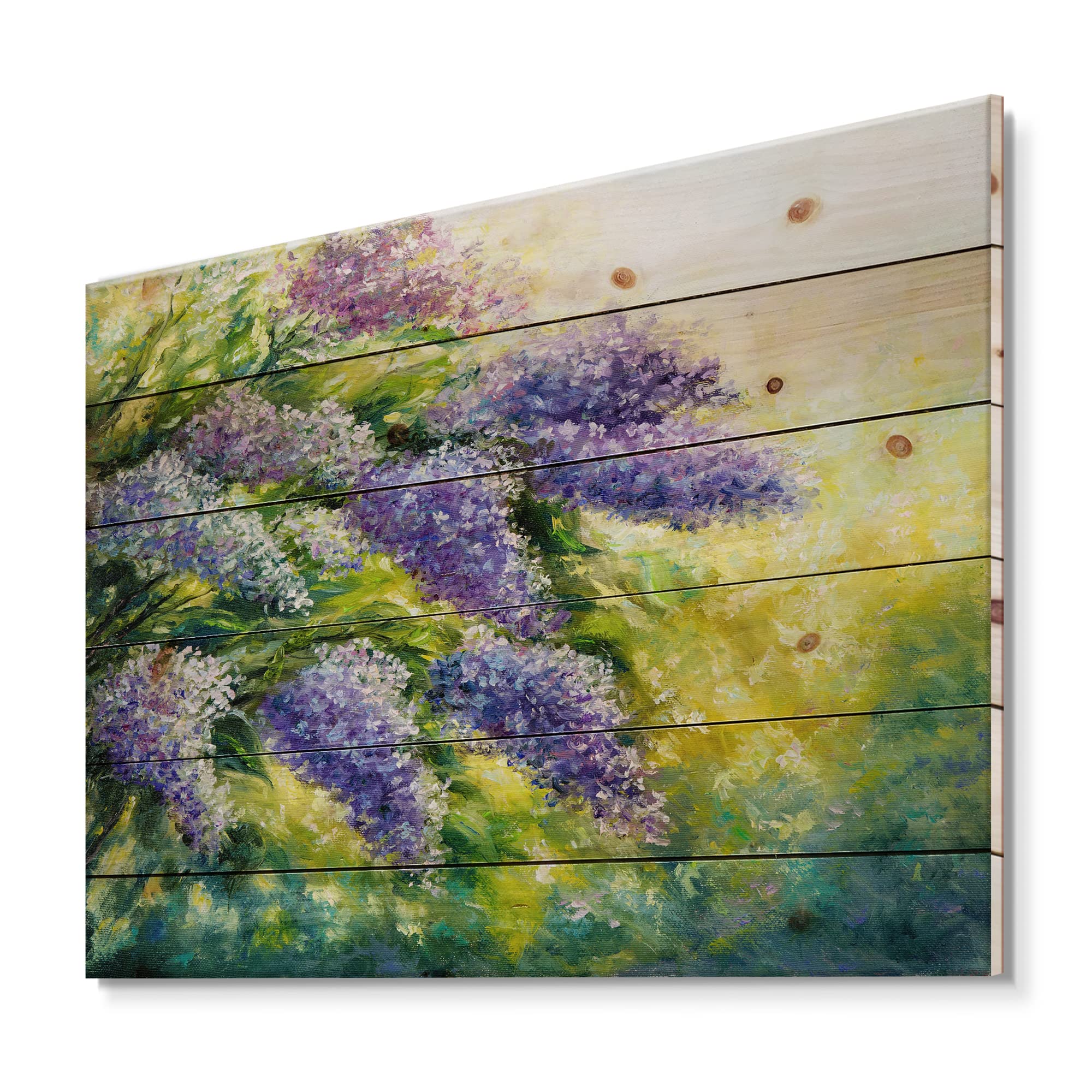 DesignQ Lilac Tree In The Garden Impressionist Wood Wall Art - Large Floral Pine Wood Panel Decor for Living Room, Bedroom & Office - Traditional Hand-Painted Nature Wall Hanging