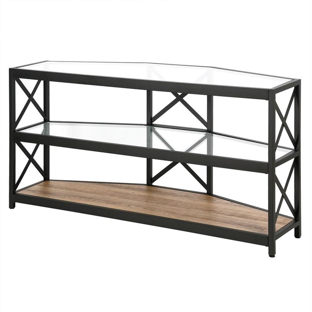 Modern Celine Hexagonal TV Stand with MDF Shelves for 55 Inch TVs - Blackened Bronze & Rustic Oak Finish | Perfect for Living Room, Bedroom, or Home Theater Setup