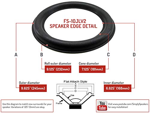 JL Audio 10 Inch Foam Speaker Repair Kit for 10W6v2-D4, FSK-10JLv2 (Pair) - Perfect for Car Audio and Home Theater Systems