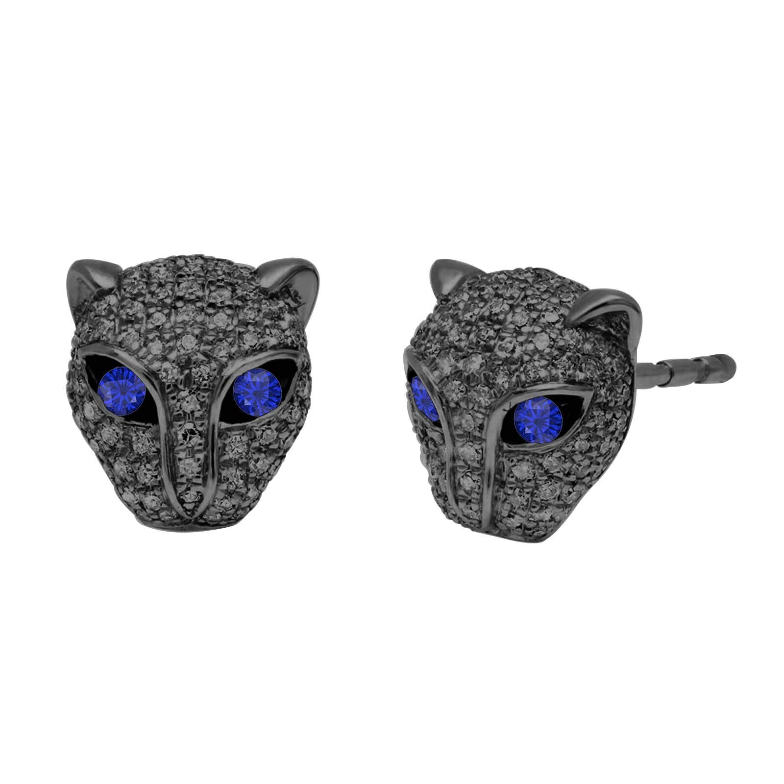 14K Gold Over 925 Sterling Silver Round Created Blue Sapphire & Diamond Panther Stud Earrings for Women & Girls - Perfect for Parties, Weddings & Gifts