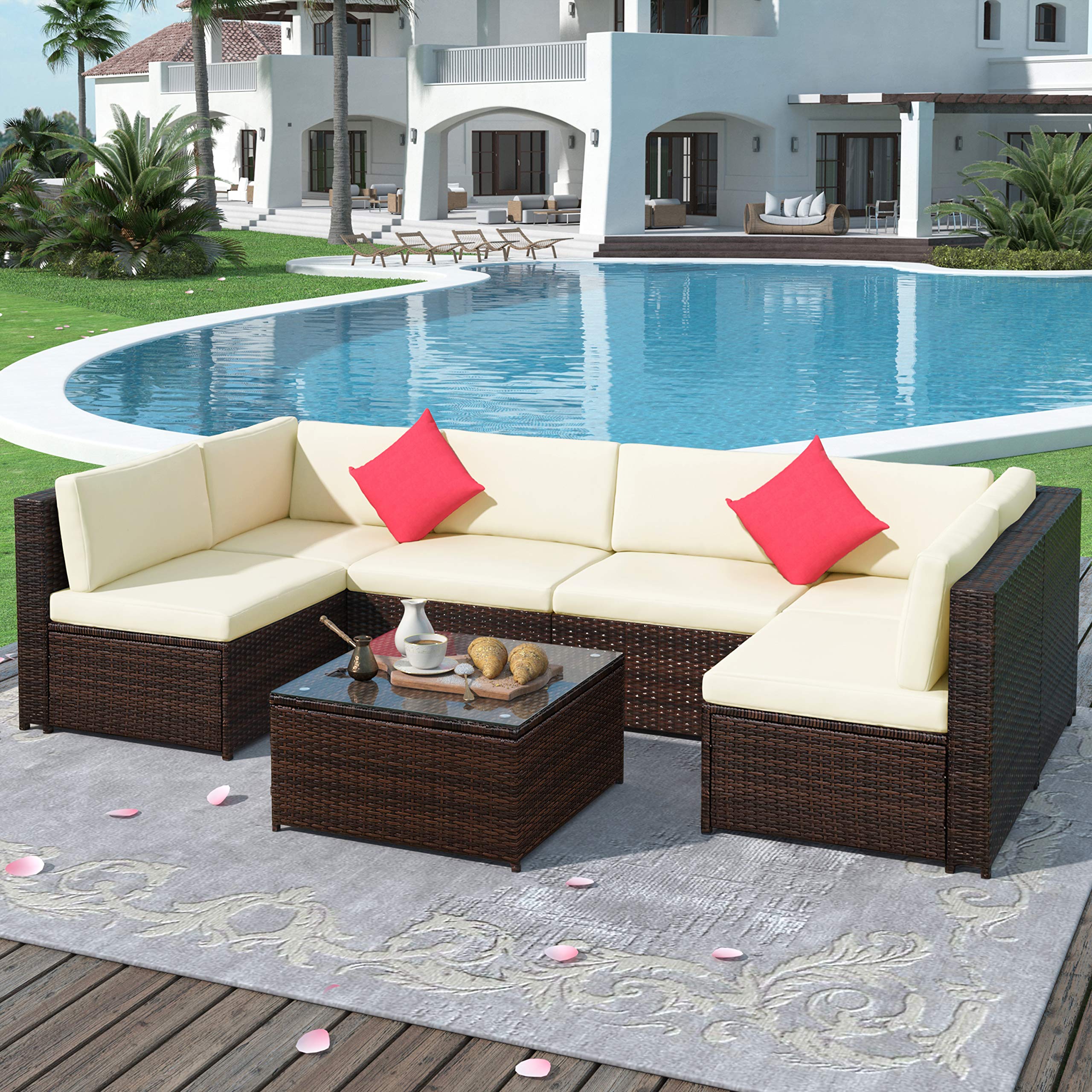 7-Piece Outdoor Patio Furniture Set - All-Weather Rattan Wicker Sectional Sofa with Cushions & Tempered Glass Coffee Table - Beige - Perfect for Backyard, Garden, Poolside & Patio Relaxation