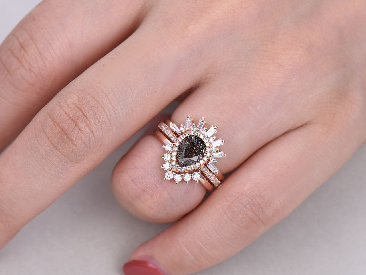 3Pcs Pear Garnet Vintage Engagement Ring Wedding Set - 1.2 Carat Diamond Band for Women, Bridal Jewelry, Anniversary Gift, Proposal & Special Occasions