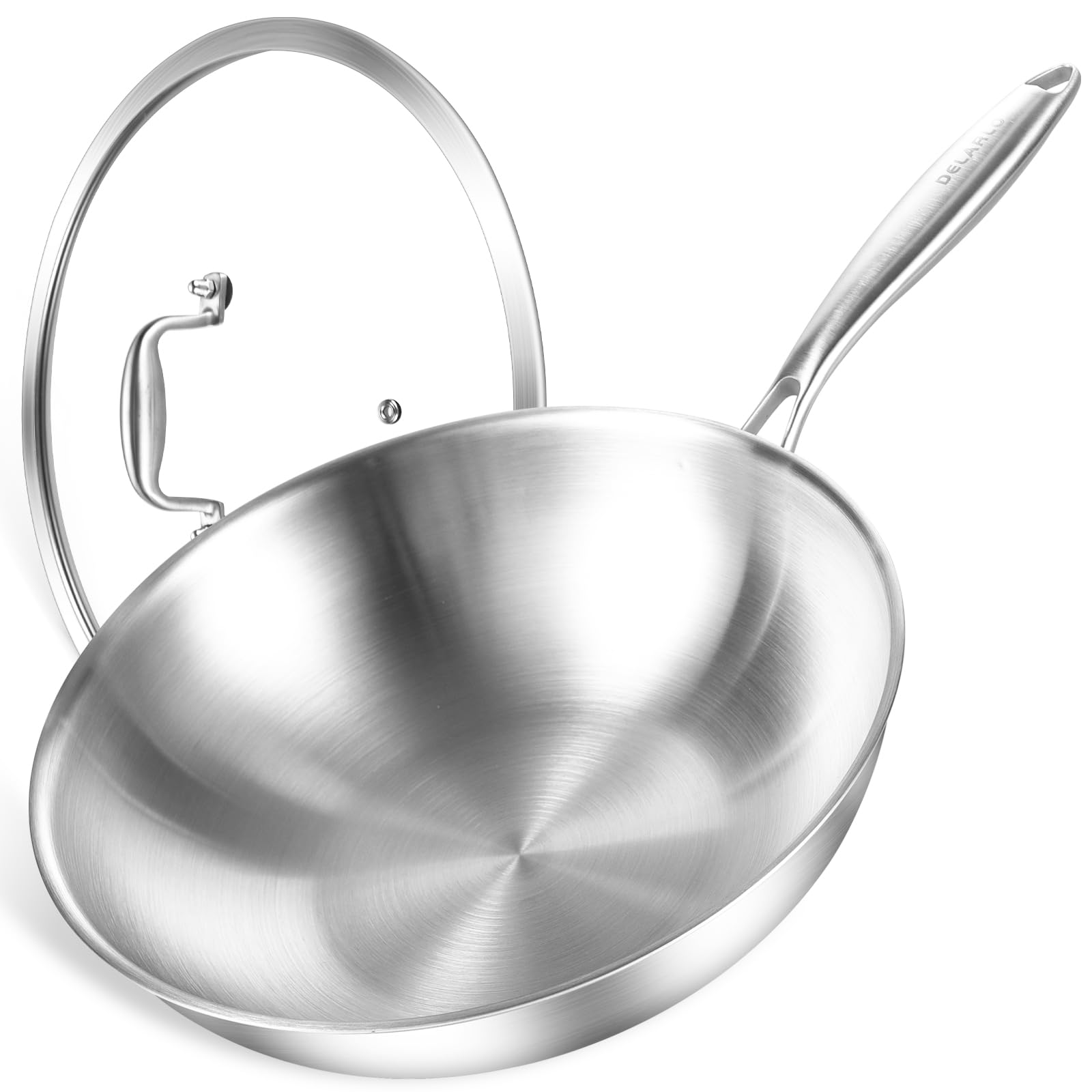 DELARLO 13-inch Stainless Steel Wok Pan with Lid - Tri-Ply Induction Compatible Stir Fry Pan for High Heat Cooking (600°F) - Large Cooking Surface with High Sides - Perfect for Asian Stir-Fry, Sautéing, and Family Meals