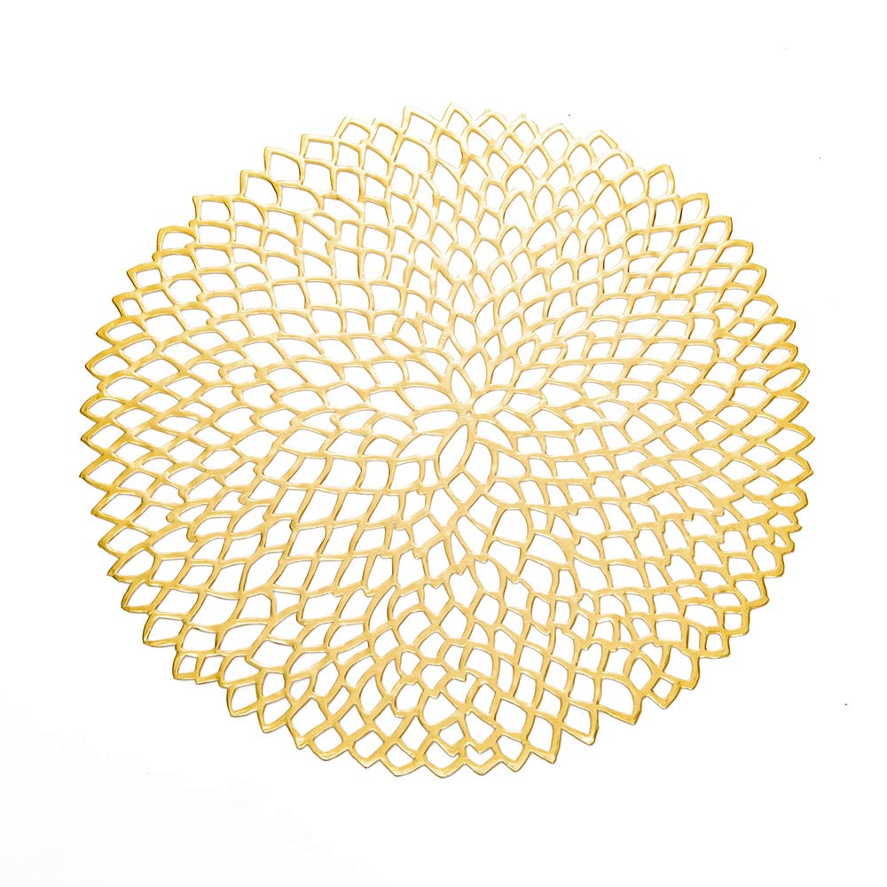 BRKURLEG Pressed Vinyl Metallic Hollow Round Placemats - Elegant Charger Plates for Wedding, Party & Dining Table Decor - Gold Silver Rose Gold Centerpiece Place Settings for Holiday Dinner & Special Occasions