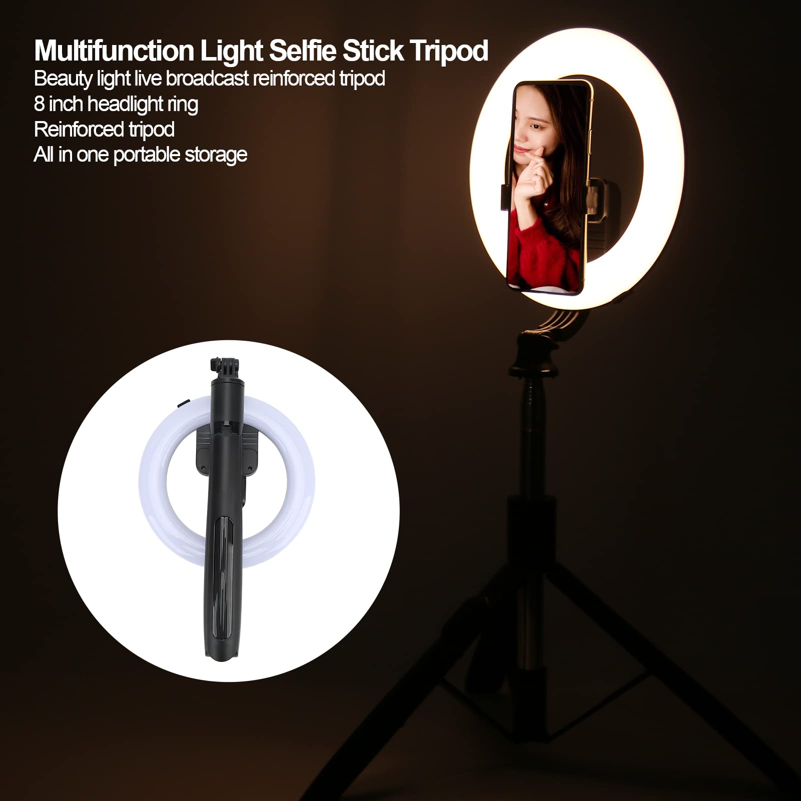 Cyrank 8 Inch Ring Light with Adjustable Tripod Stand & Phone Holder - Dimmable LED Selfie Ring Light for Live Streaming, YouTube Videos, TikTok, Makeup & Photography