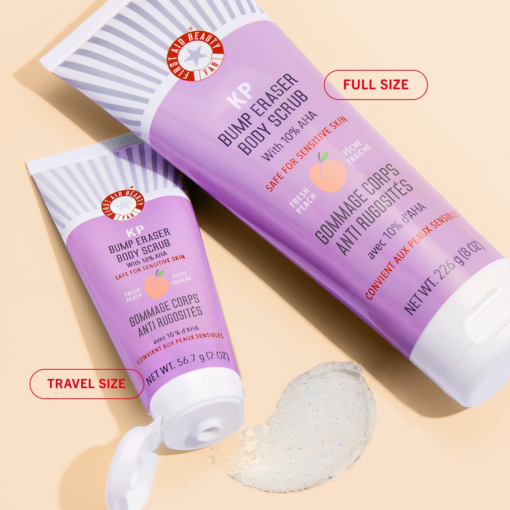 KP Bump Eraser Body Scrub with 10% AHA - Exfoliating Treatment for Keratosis Pilaris & Rough Skin - Fresh Peach Scent - Travel Size (3.4oz) - Perfect for Showers, Spa Days & On-the-Go Skincare