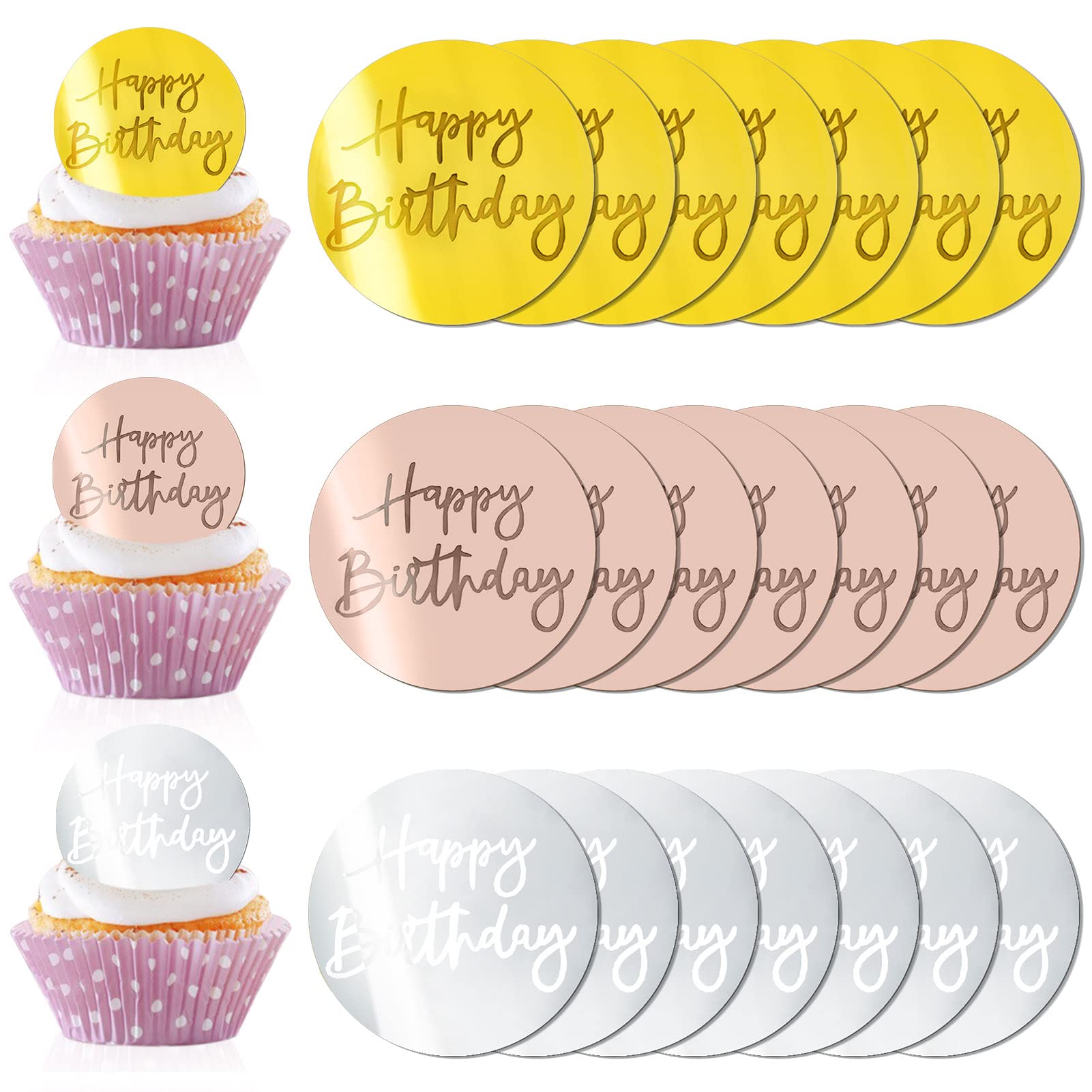 21Pcs Happy Birthday Cake Disc Acrylic Cupcake Toppers Set - Gold Pink Silver Mirror Acrylic Cake Decorations for DIY Birthday Party, Baby Shower & Wedding Celebrations - Perfect for Cupcake, Dessert Table and Cake Decorating