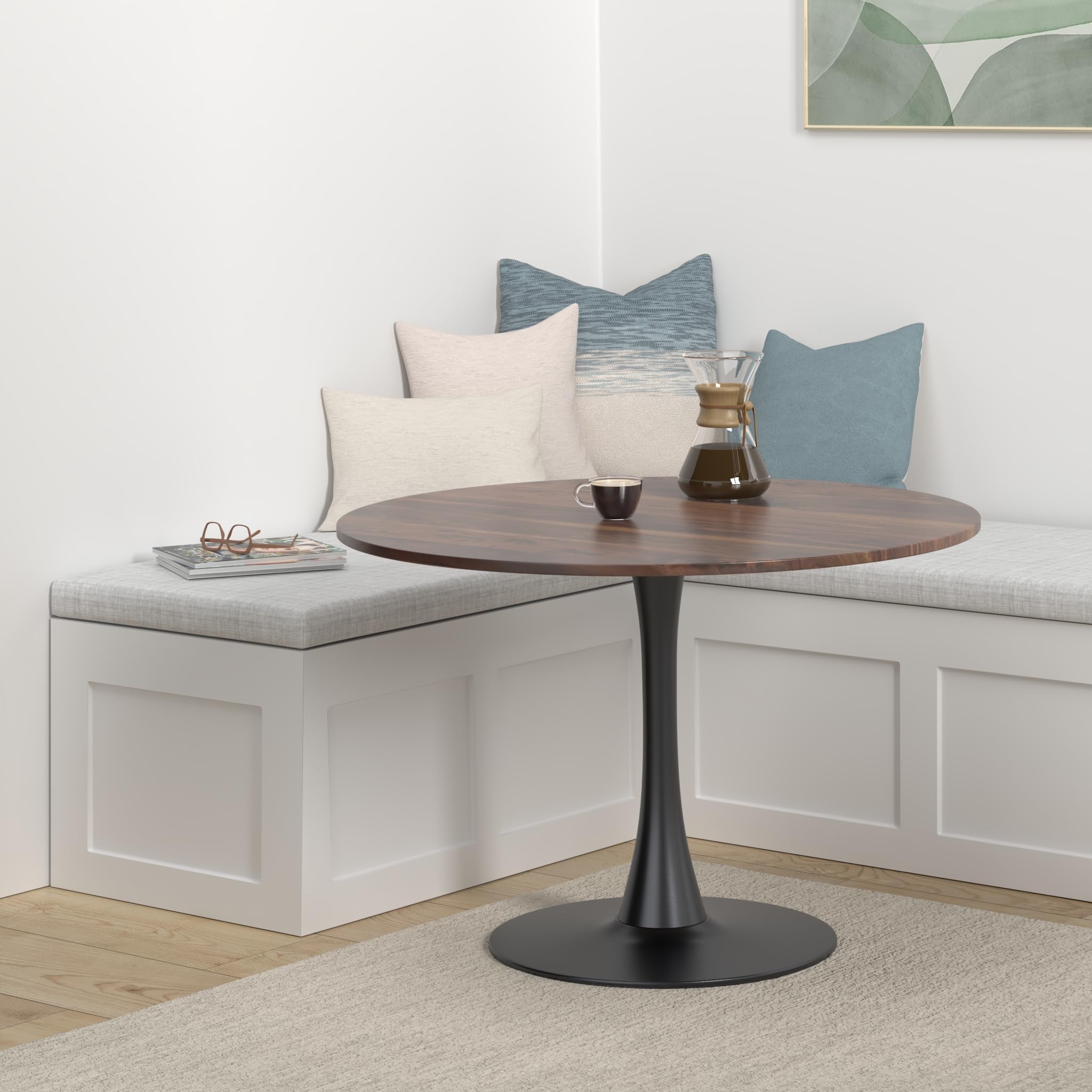 42 Inch Round Dining Table - Mid-Century Modern Tulip Table with Sturdy Metal Pedestal Base | Space-Saving Kitchen & Dining Room Furniture | Easy Assembly in Walnut & Black Finish | Perfect for Small Apartments & Cozy Breakfast Nooks