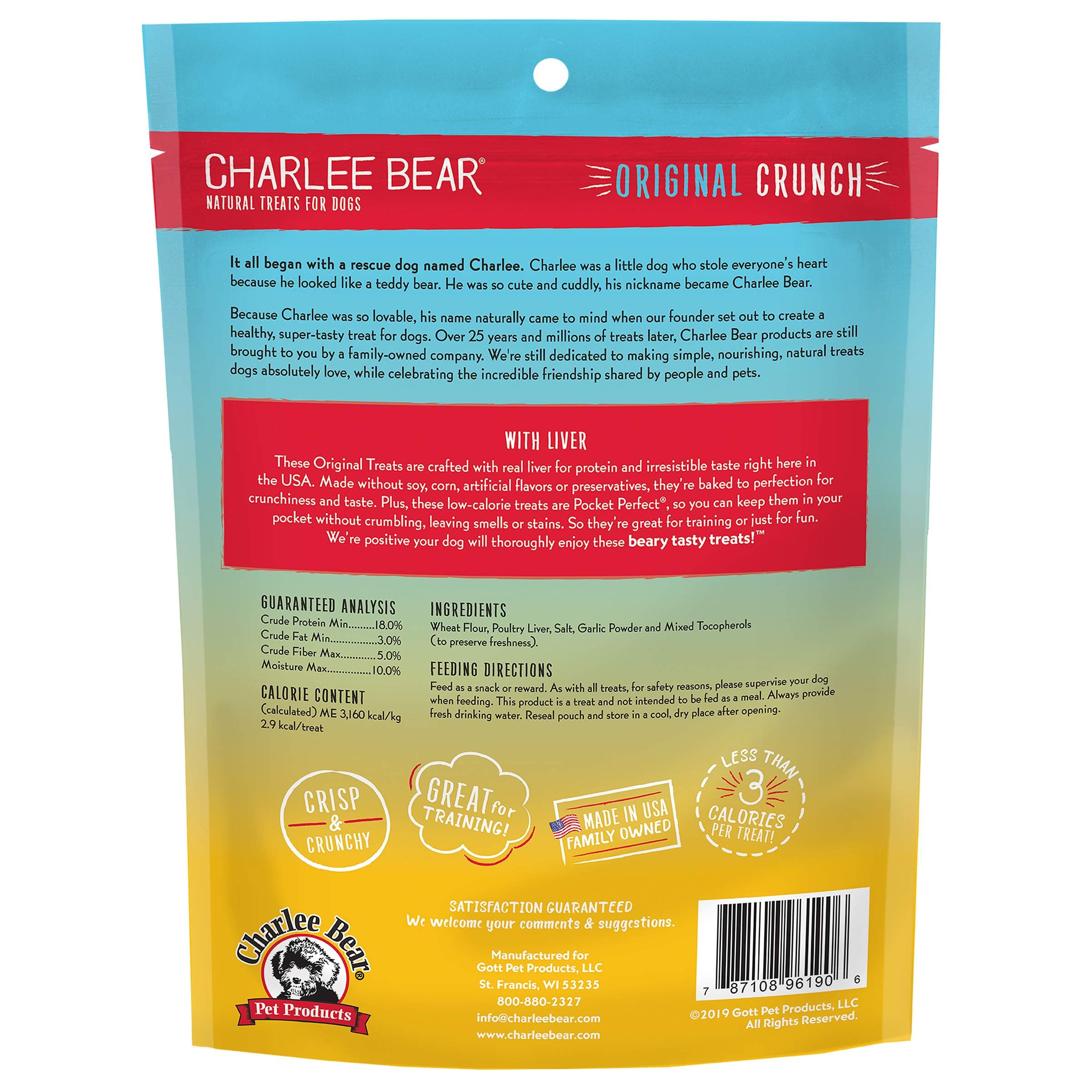 Charlee Bear Original Crunch with Liver Dog Treats 16oz (4-Pack) - All Natural Made in USA Grain Free Training Snacks for Small Medium Large Dogs - Perfect for Obedience Training & Reward Treats