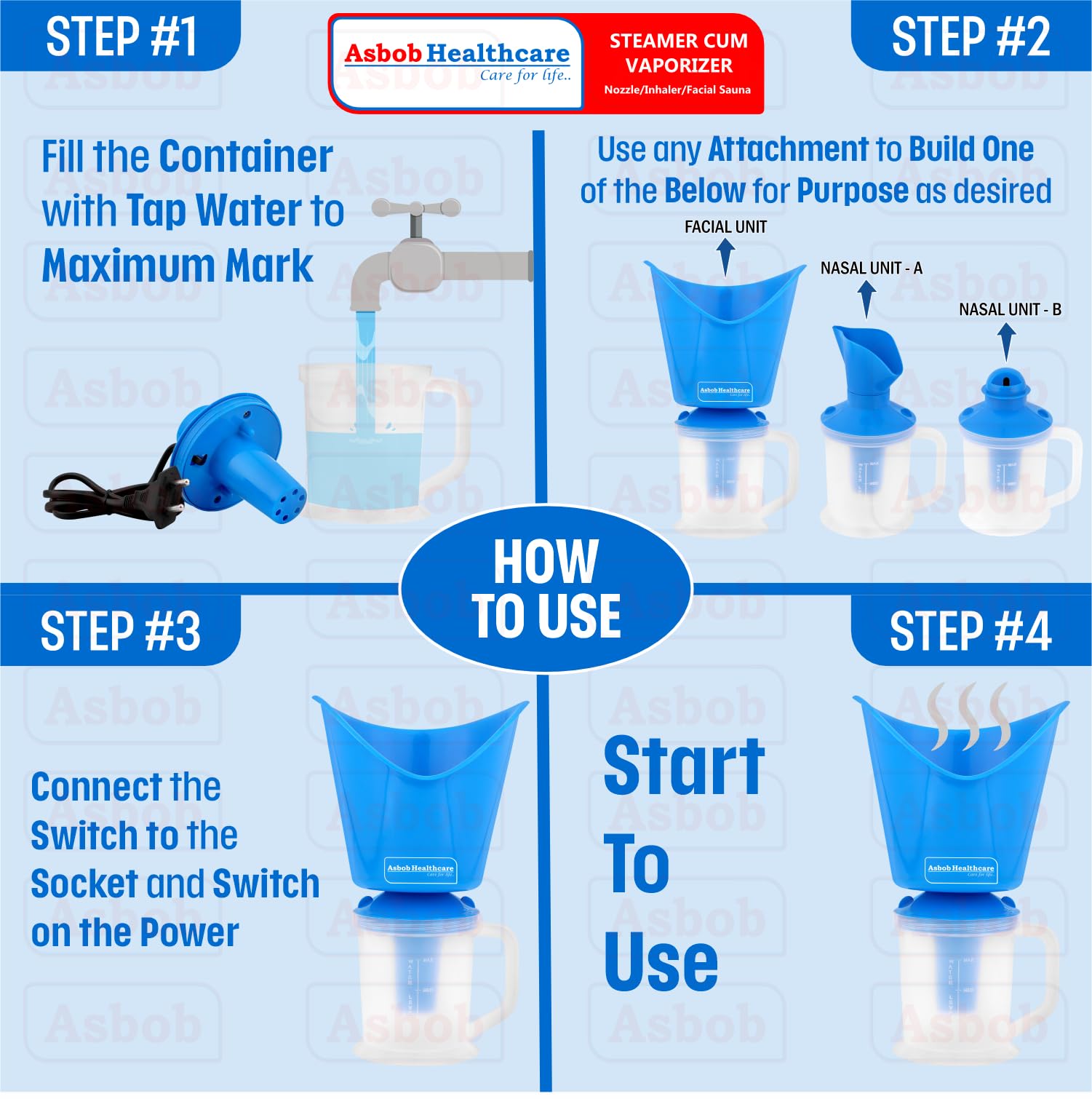 Asbob 3-in-1 Steamer for Cold & Cough Relief - Electric Vaporizer for Adults, Facial Steamer & Steam Inhaler - Portable Nebulizer for Home & Travel Use (Blue) - Perfect for Congestion Relief & Skincare Routine