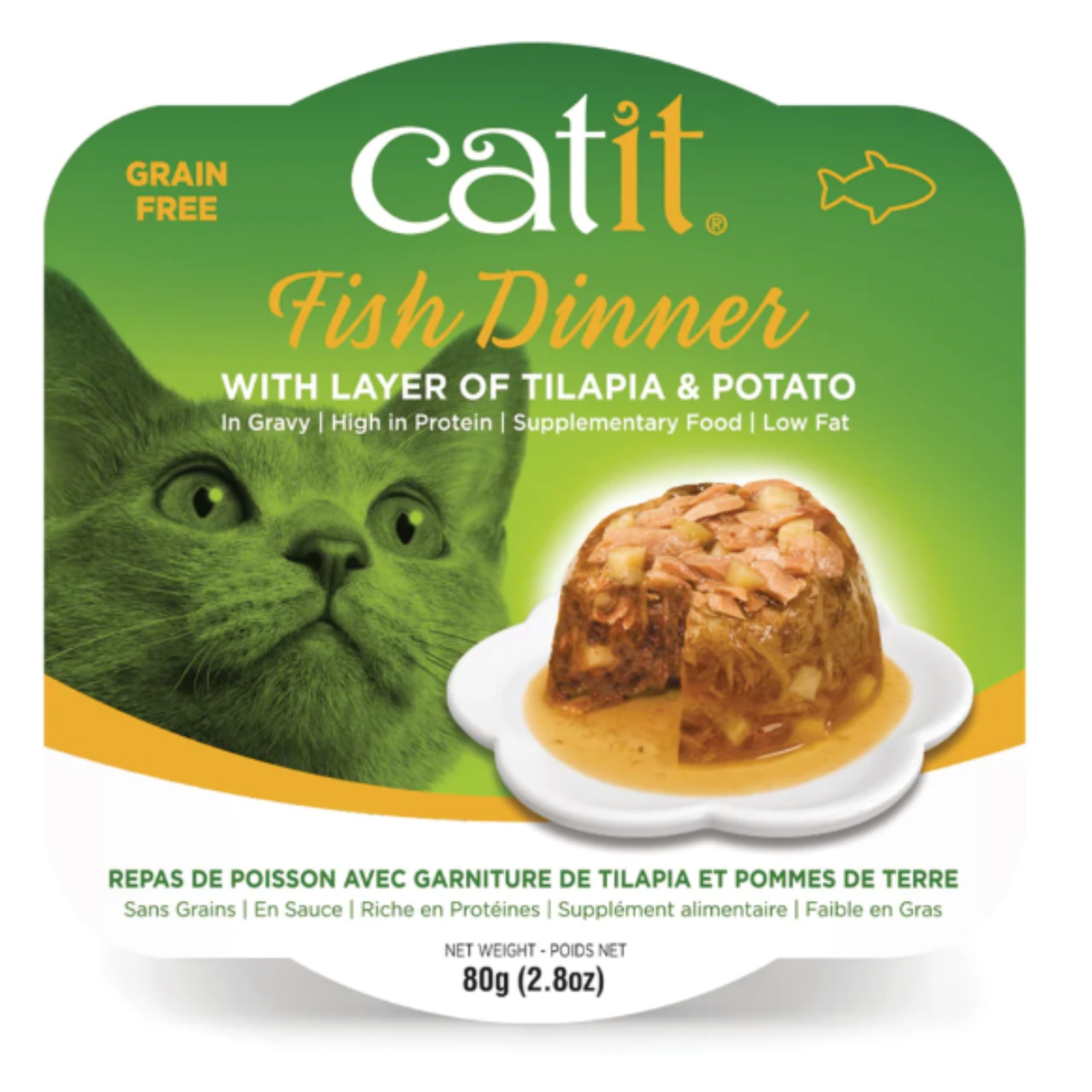 Premium Catit Wet Cat Food - Fish Dinner with Tilapia & Potato 80g | Grain-Free Wet Cat Food for Adult Cats & Kittens | High Protein, Natural Ingredients | Perfect for Picky Eaters & Mealtime Enrichment