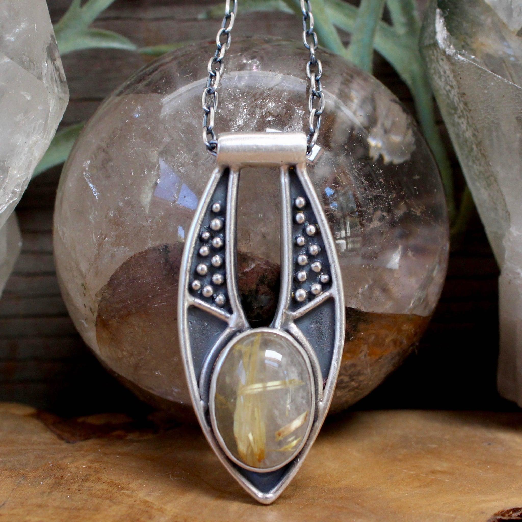 Elegant Ara Pendant with Rutilated Quartz - Handmade Boho Jewelry for Women - Perfect for Everyday Wear & Special Occasions