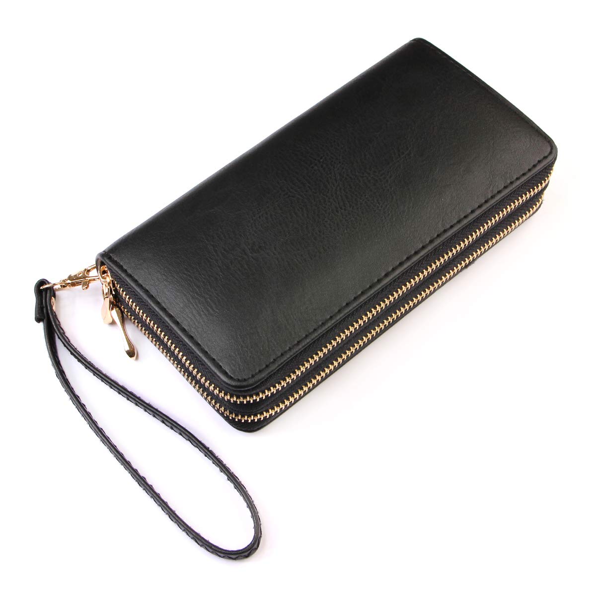 MYS Collection Vegan Leather Zip Around Wallet - Classic Zipper Clutch Purse with Coin & Card Slots, Removable Wristlet (Black) - Perfect for Everyday Use, Travel & Gift Giving