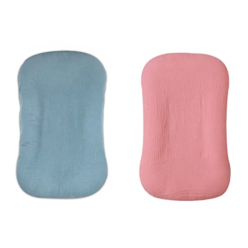 Organic Cotton Muslin Baby Lounger Cover - Soft Padded Infant Floor Seat Cover | Removable Slipcover for Newborn Lounger (Blue & Flesh Pink) | Perfect for Nursery, Playtime & Travel - Safe for Boys & Girls