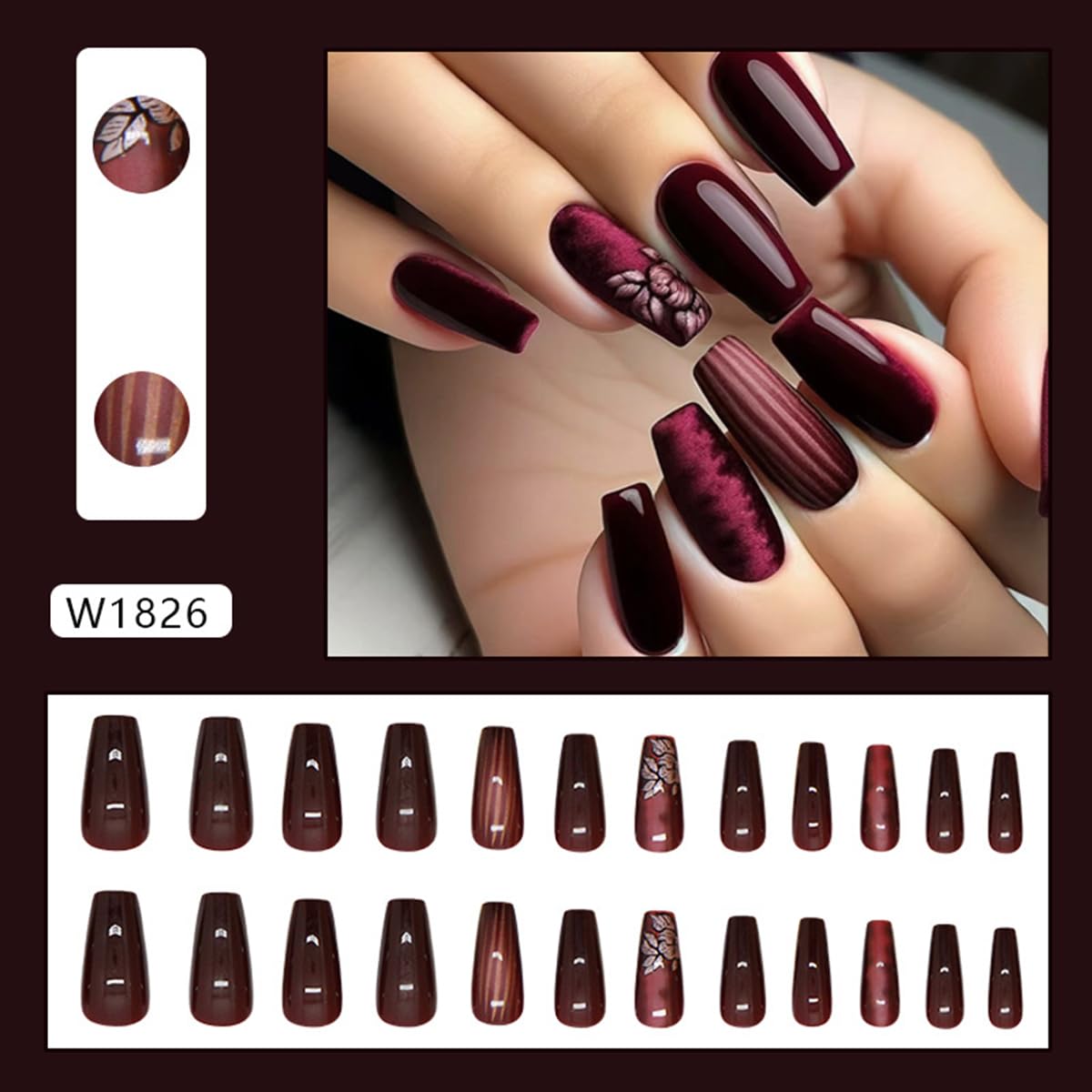 24 Pcs Dark Red Press on Nails Medium Square Spring Flower Fake Nails Coffin False Nails with Stripe Designs - Glossy Full Cover Acrylic Nail Kit for Women Manicure - Perfect for Parties, Weddings, and Daily Wear