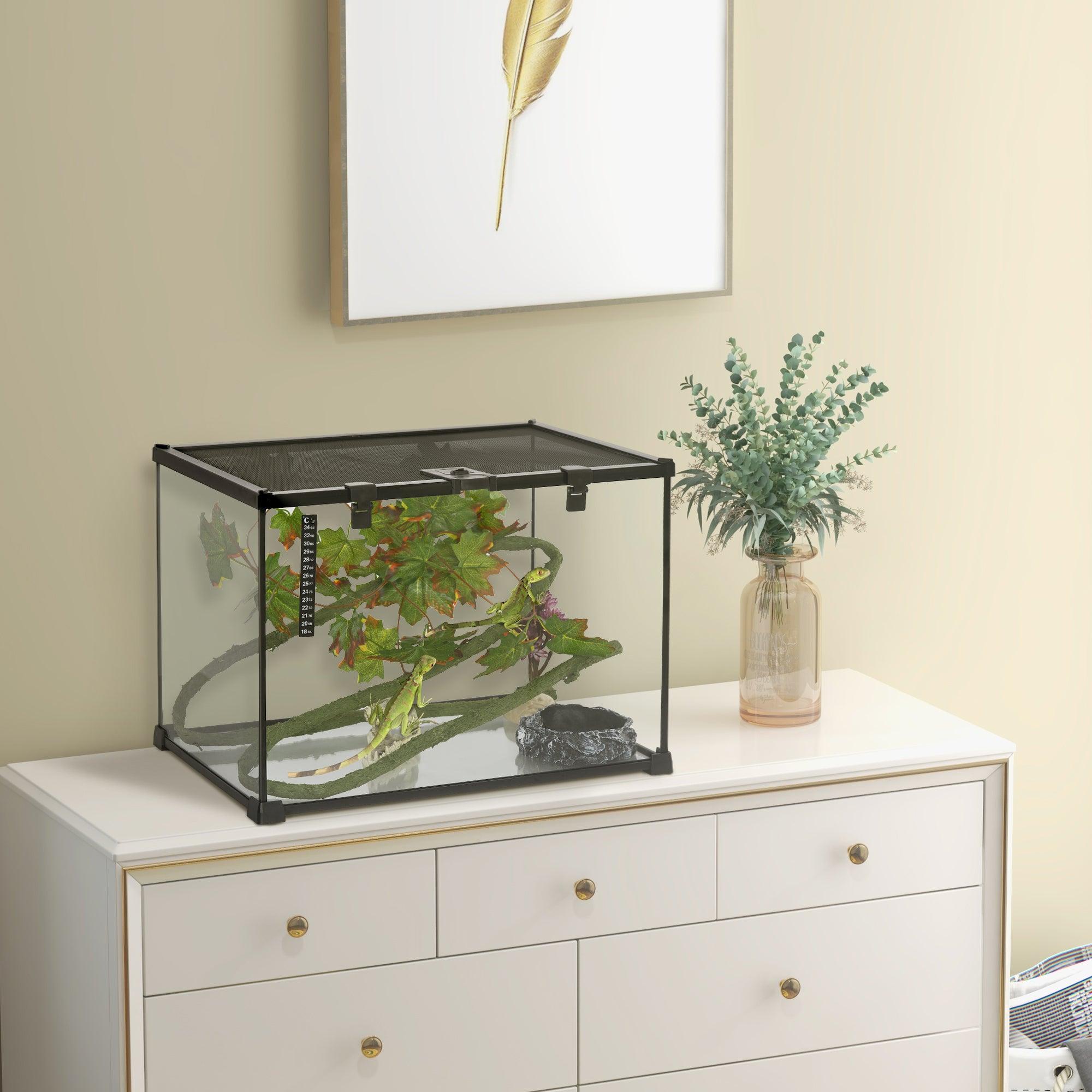 14 Gallon Glass Reptile Terrarium Tank with Decor Kit - Full View Breeding Enclosure for Lizards, Frogs, Snakes & Spiders - 20