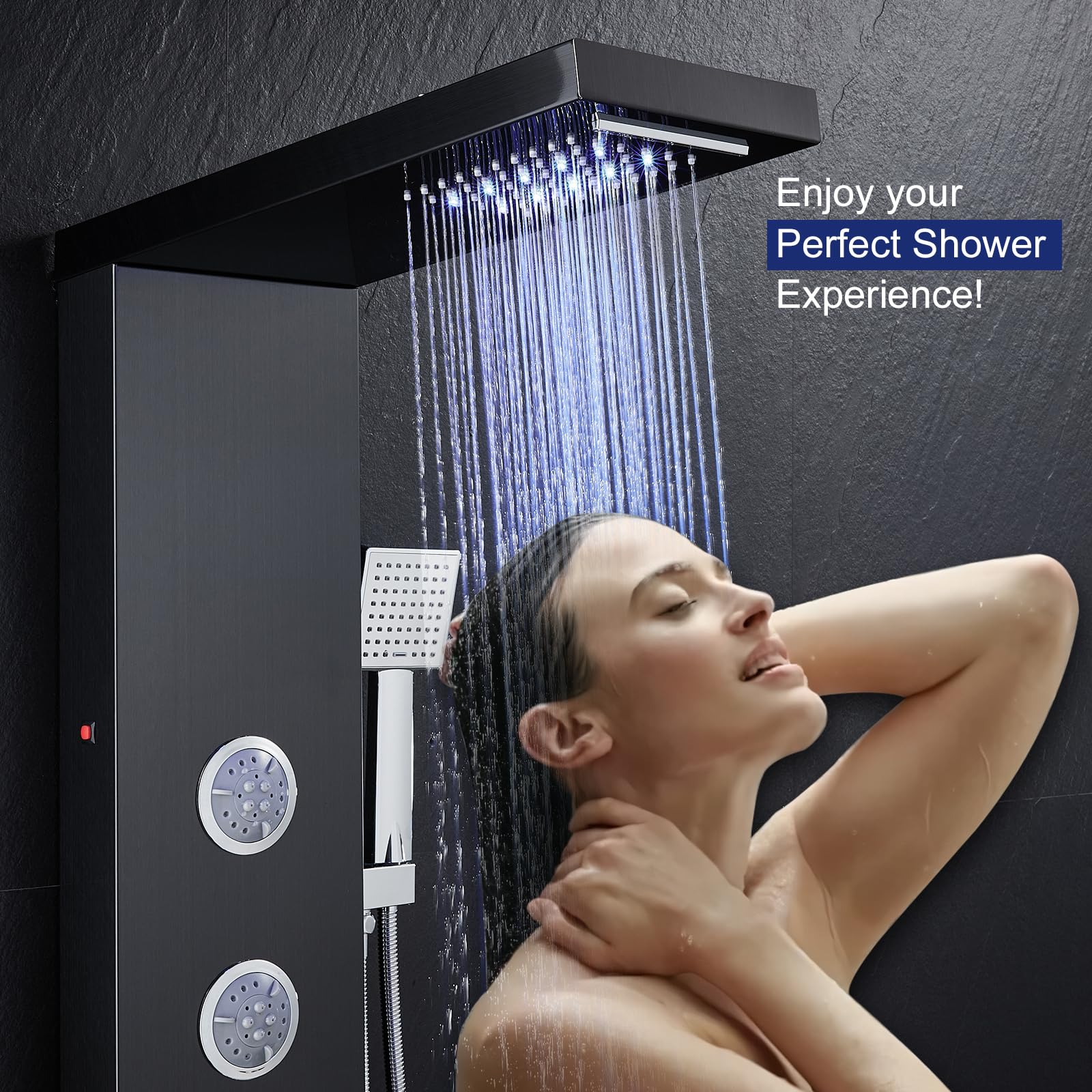 ROVATE 5-in-1 LED Shower Panel Tower System - Black Stainless Steel High Pressure Shower Column with Rainfall Showerhead, Waterfall, Body Jets & Handheld Sprayer + Tub Spout | Perfect for Modern Bathroom Renovation & Spa-Like Shower Experience