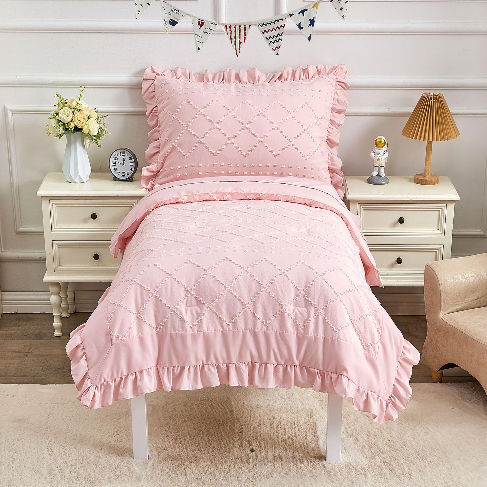 4-Piece Boho Pink Toddler Bedding Set for Girls - Jacquard Tufted Comforter, Ruffle Fringe, Flat Sheet, Fitted Sheet & Pillowcase | Soft & Cozy Bed-in-a-Bag for Kids Room, Nursery or Sleepovers