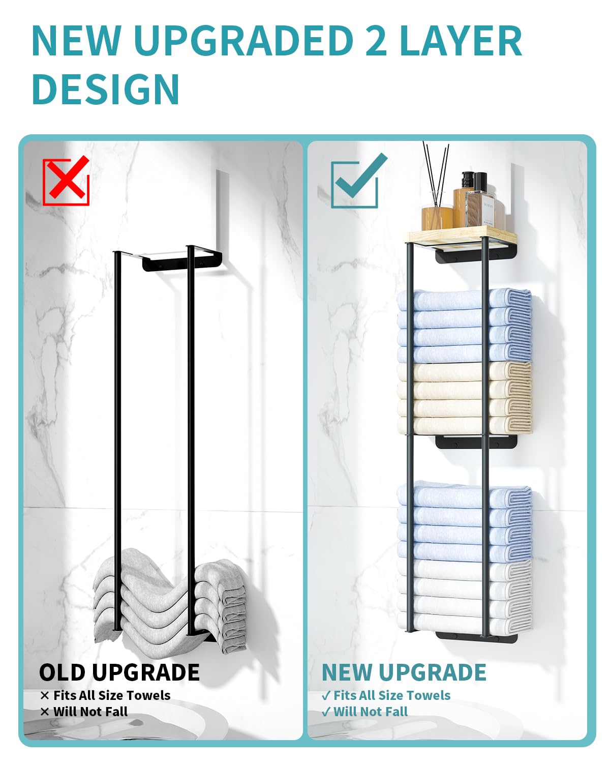2-Tier Wall Mounted Towel Rack with Wood Shelf - Bathroom Organizer & Storage Space Saver - Black Metal Towel Holder for Bath, Kitchen, Laundry Room - Perfect for Small Spaces & Home Decor