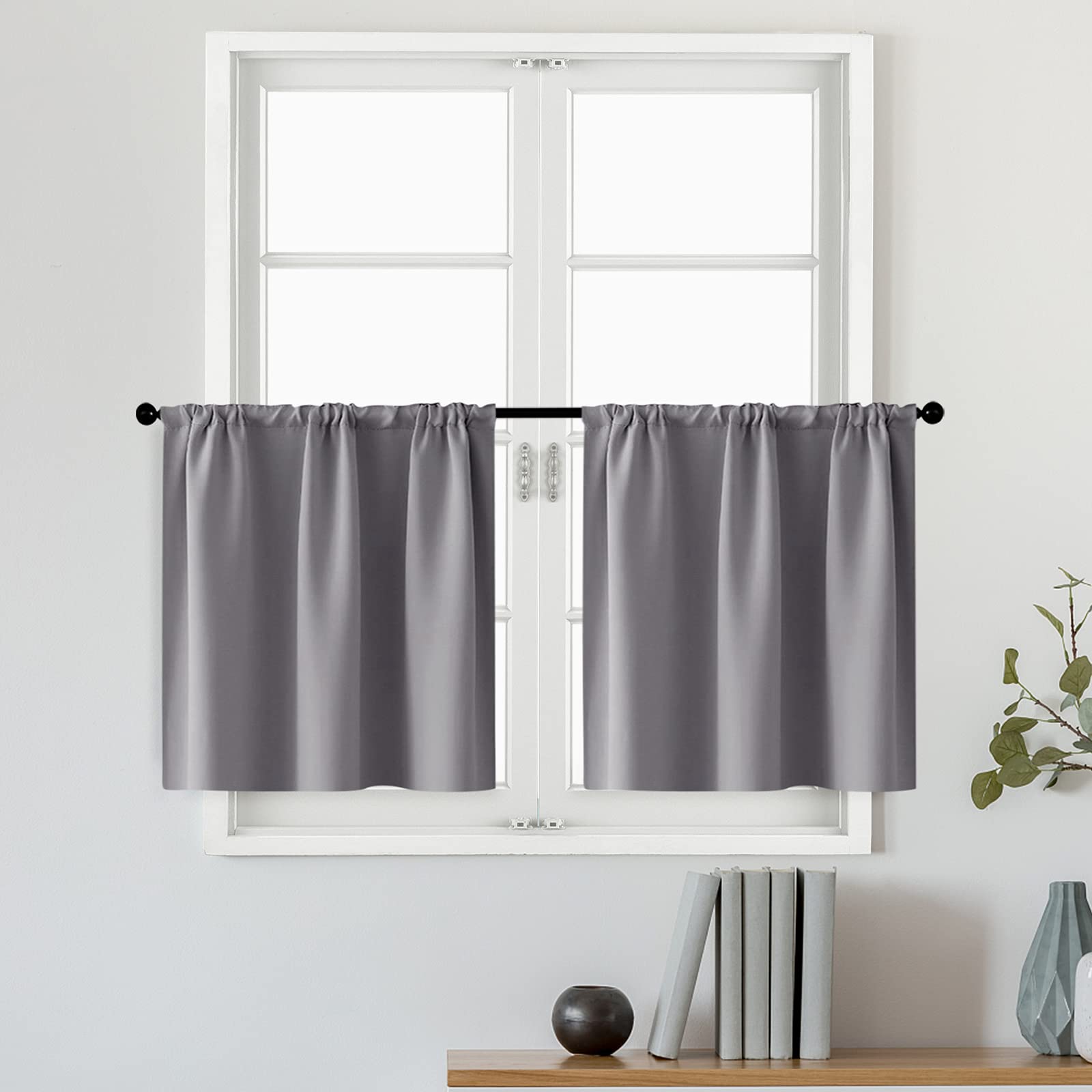 MRTREES Blackout Tier Curtains 42 x 30 Inch - Gray & Purple Kitchen Cafe Curtains with Rod Pocket, Triple Weave Fabric for Bathroom & Small Windows - Perfect for Privacy, Light Control in Bedroom, Kitchen and Office Spaces