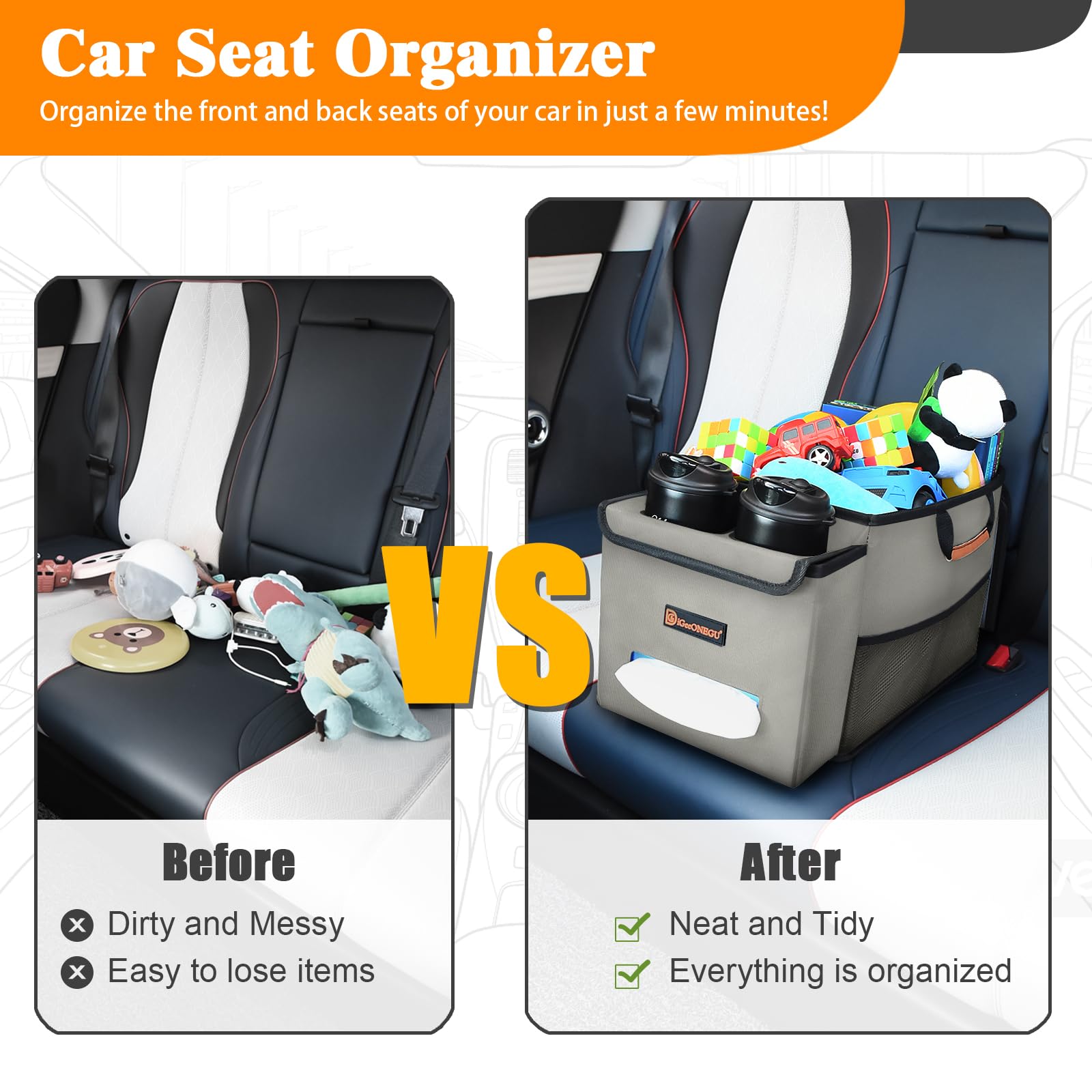 Car Seat Organizer with Cooler Compartment & Storage - Front & Back Seat Organizer for Kids, Travel Essentials with Lid, Cup Holder & Tissue Pocket - Perfect for Road Trips, Family Vacations & Daily Commutes (Silver Grey)
