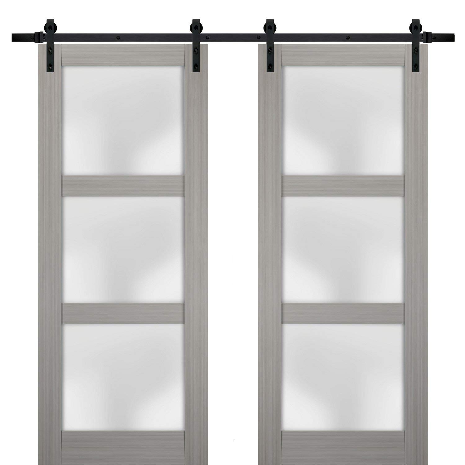Sturdy 60x84 Inch Double Barn Door with Frosted Glass | Lucia 2552 Grey Ash Finish | 13FT Top Mount Rail Hangers Heavy Duty Set | Solid Panel Interior Doors for Bedroom, Closet, or Farmhouse Style Home