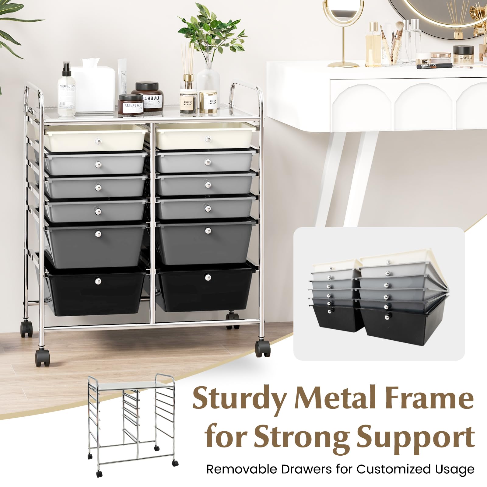 RELAX4LIFE 12-Drawer Rolling Craft Storage Cart with Wheels - Mobile Organizer for Art Supplies, Office, Beauty Salon & School Use - Space-Saving Gradient Black Utility Cart for Home, Studio & Classroom Organization