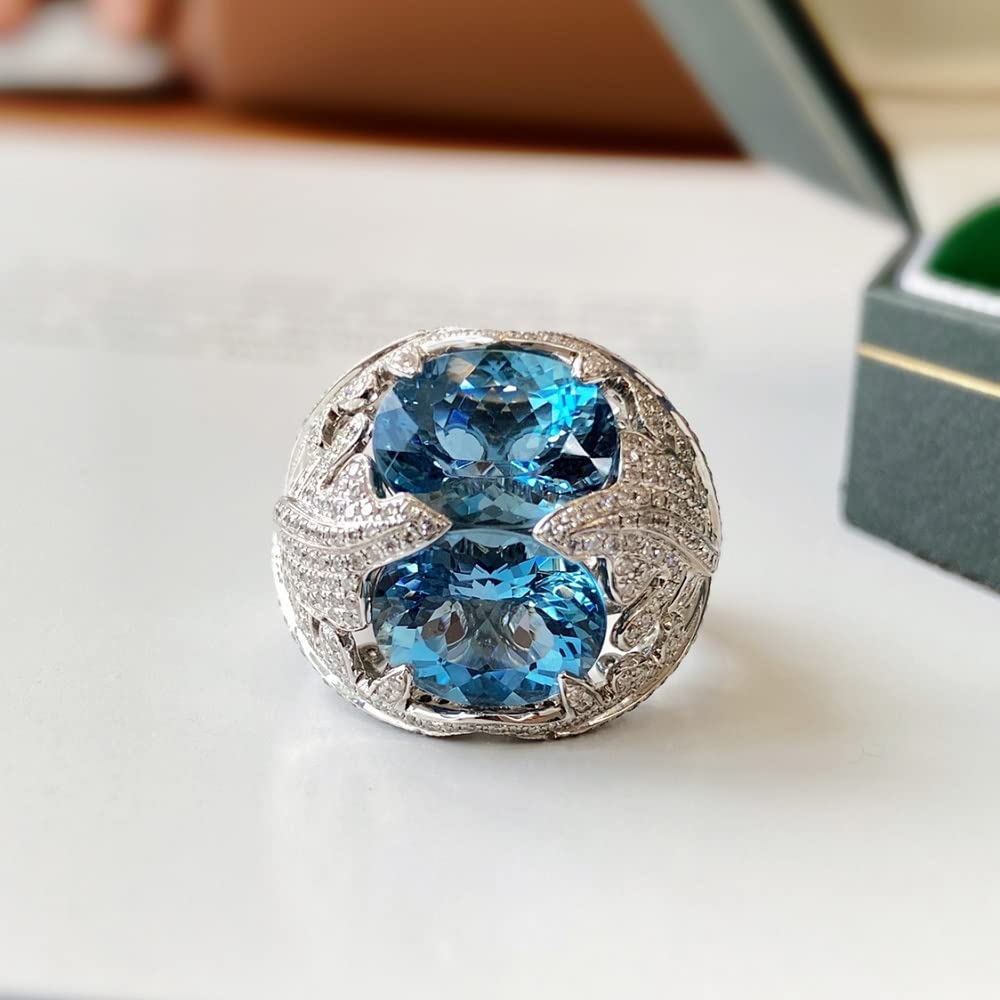 925 Sterling Silver Women's Ring with Aquamarine & Diamond Accents - Elegant Double Dove Egg Opening Adjustable Ring for Engagement, Wedding, Anniversary & Cocktail Parties (CZC747) - Perfect for Romantic Occasions & Special Celebrations