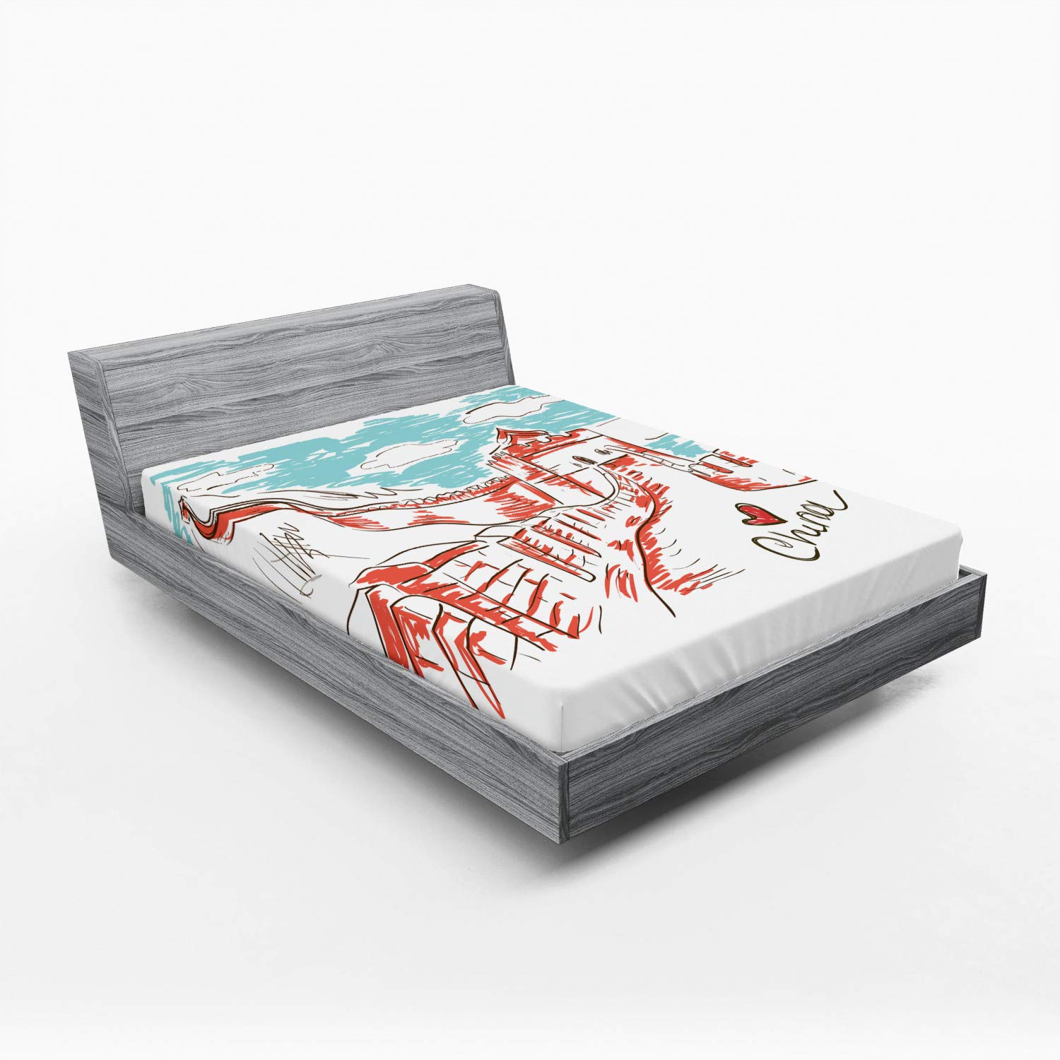 Ambesonne Scenery Fitted Sheet - Oriental Colorful Hand-Painted Chinese Travel Art Design with Heart Pattern, Deep Pocket Elastic Queen Size Bed Sheet in Aqua Ruby | Perfect for Guest Rooms, Vacation Homes & Themed Bedroom Decor