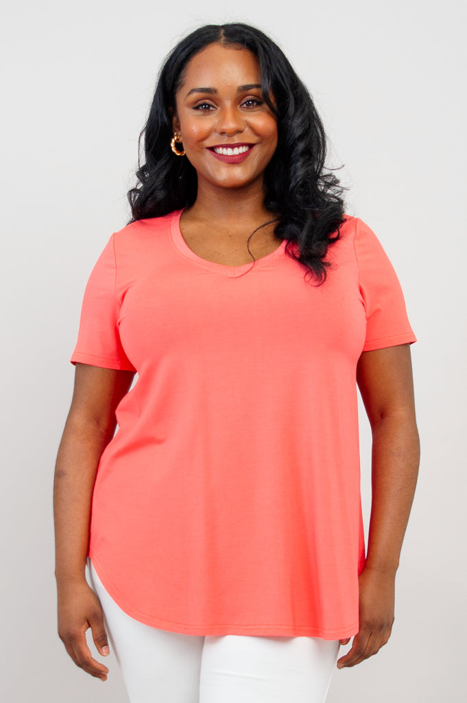 Jackie Women's Short Sleeve Summer Top - Coral Bamboo V-Neck Blouse for Casual Wear & Beach Outings